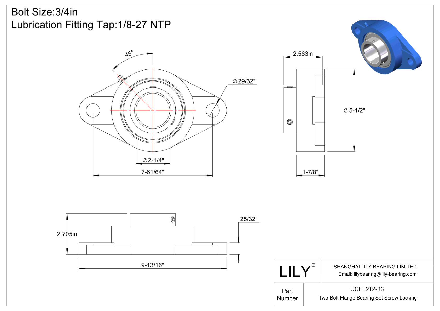 UCFL212-36 Two-Bolt Flange Bearing Set Screw Locking cad drawing