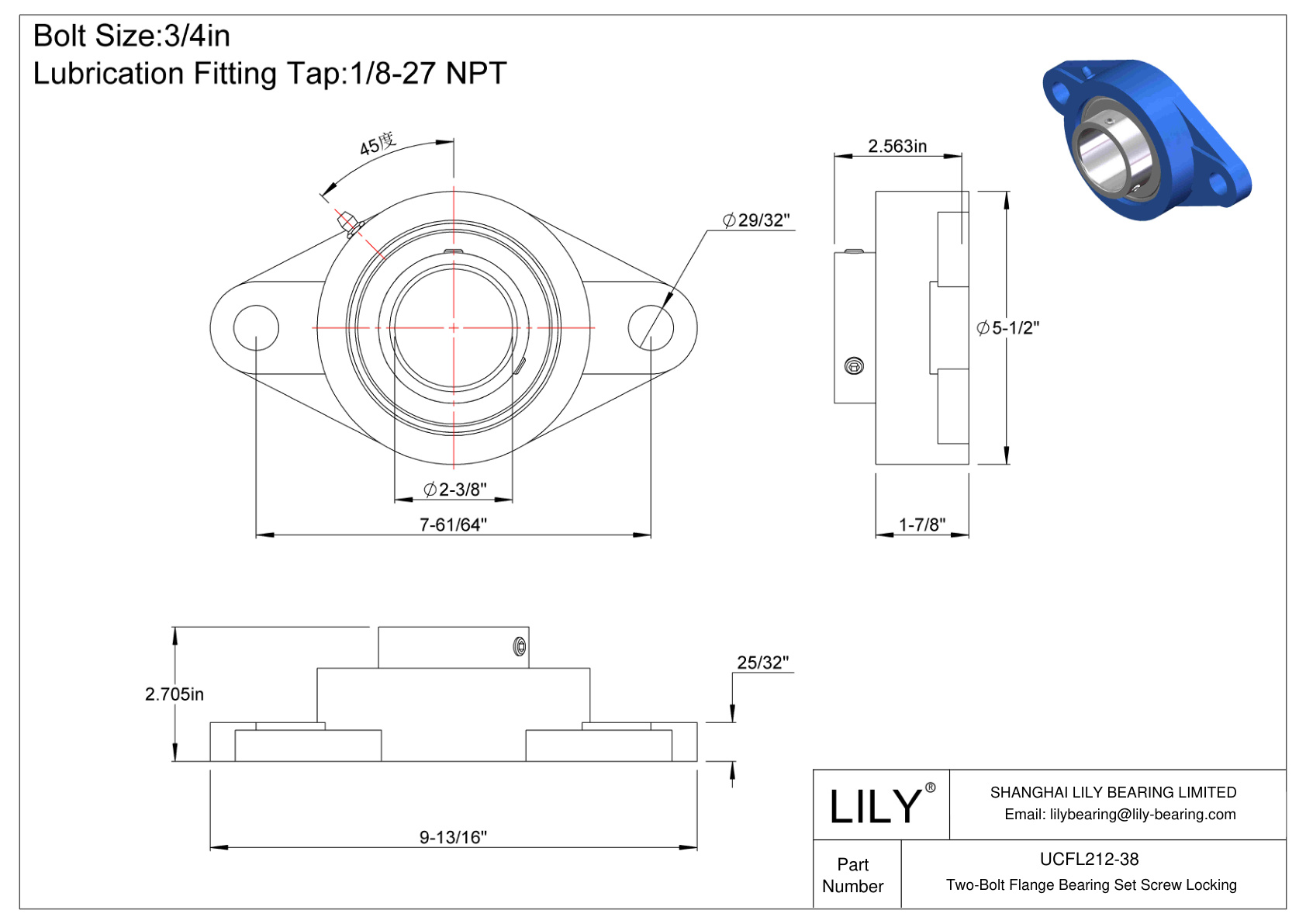 UCFL212-38 Tornillo de fijación del cojinete de brida de dos pernos cad drawing