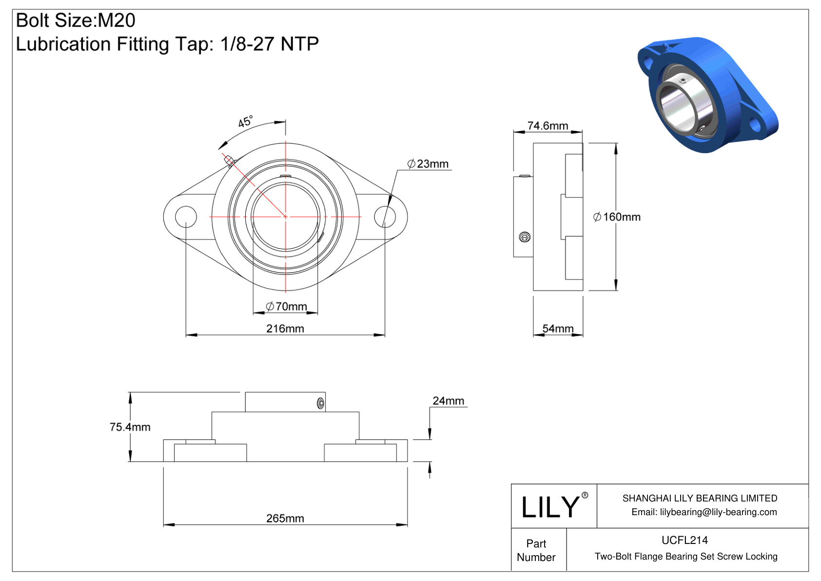 UCFL214 Tornillo de fijación del cojinete de brida de dos pernos cad drawing