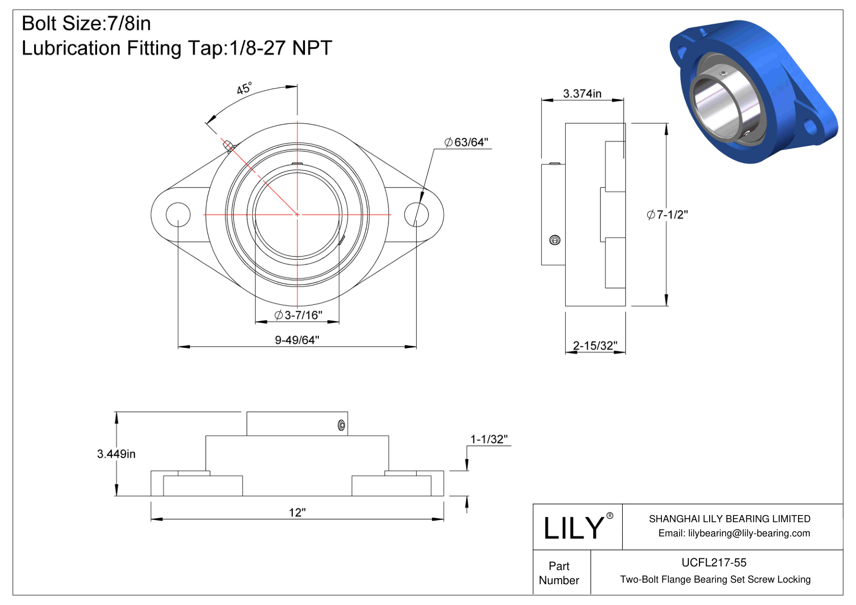 UCFL217-55 Two-Bolt Flange Bearing Set Screw Locking cad drawing