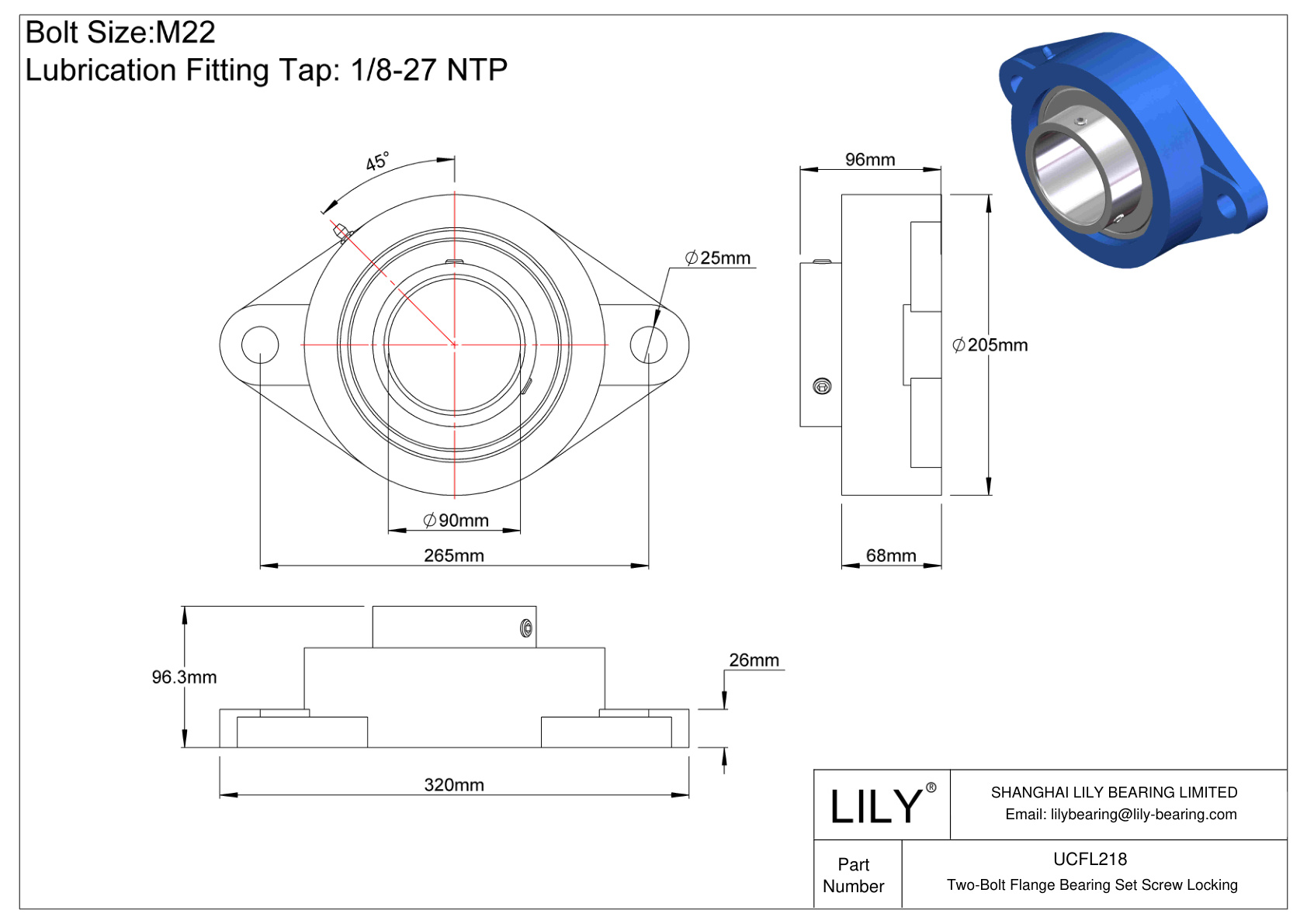 UCFL218 Two-Bolt Flange Bearing Set Screw Locking cad drawing