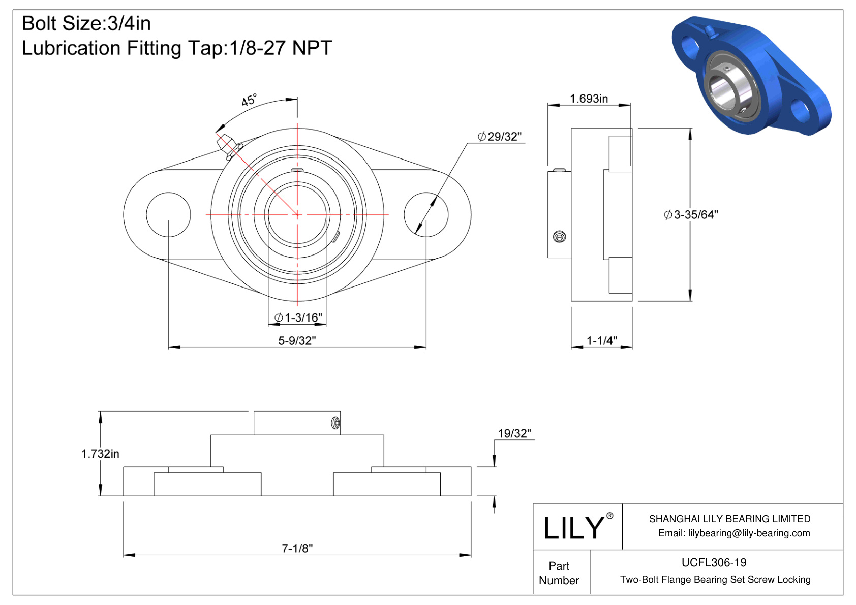 UCFL306-19 双螺栓法兰轴承 固定螺钉锁定 cad drawing