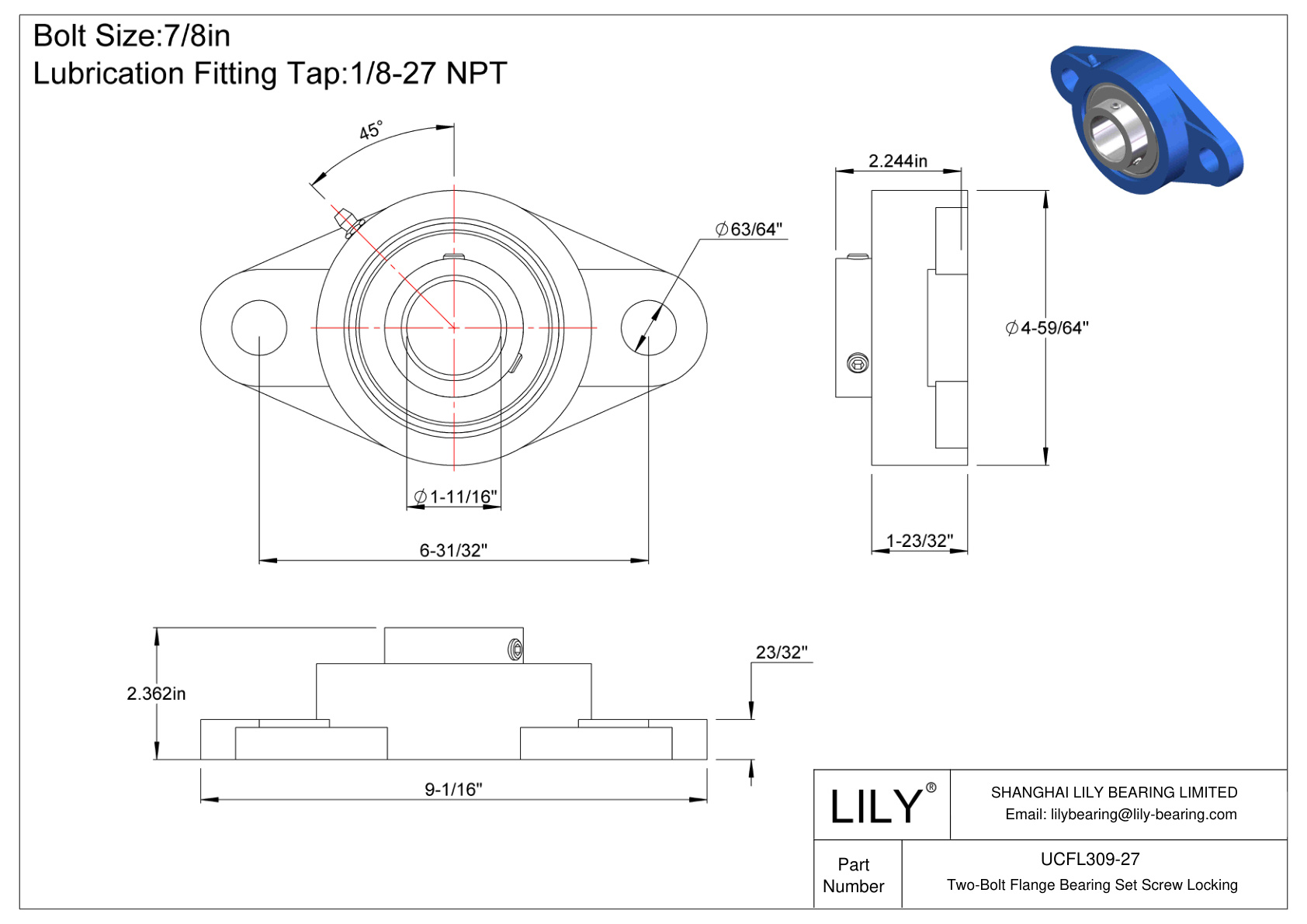 UCFL309-27 Tornillo de fijación del cojinete de brida de dos pernos cad drawing