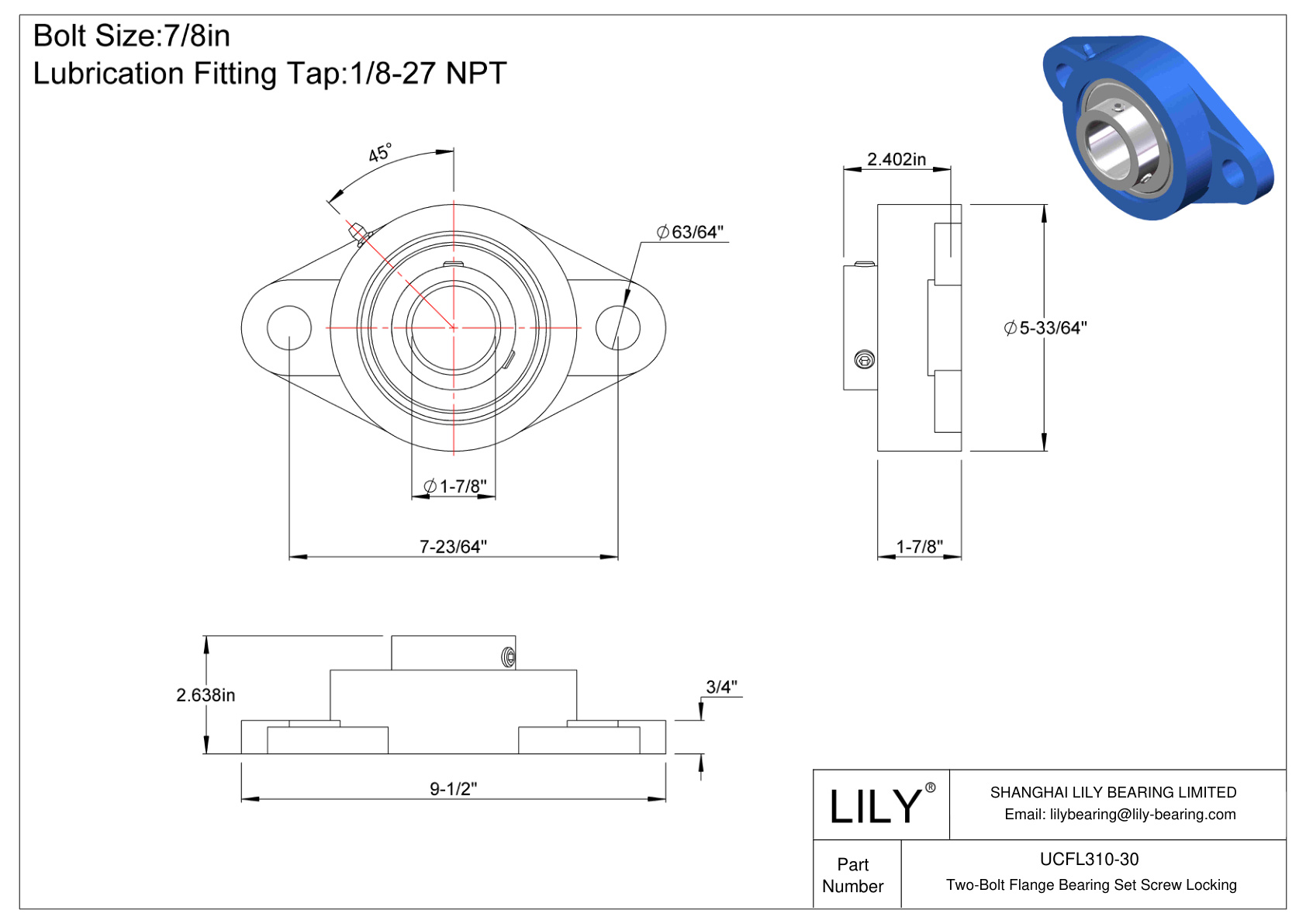 UCFL310-30 Tornillo de fijación del cojinete de brida de dos pernos cad drawing