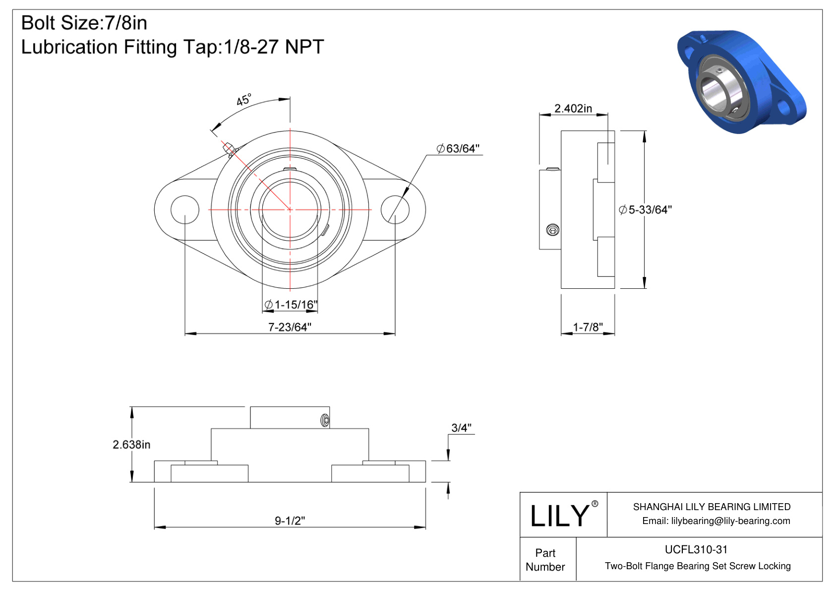 UCFL310-31 Two-Bolt Flange Bearing Set Screw Locking cad drawing