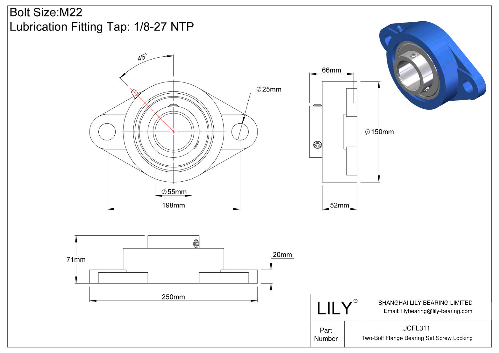 UCFL311 Tornillo de fijación del cojinete de brida de dos pernos cad drawing