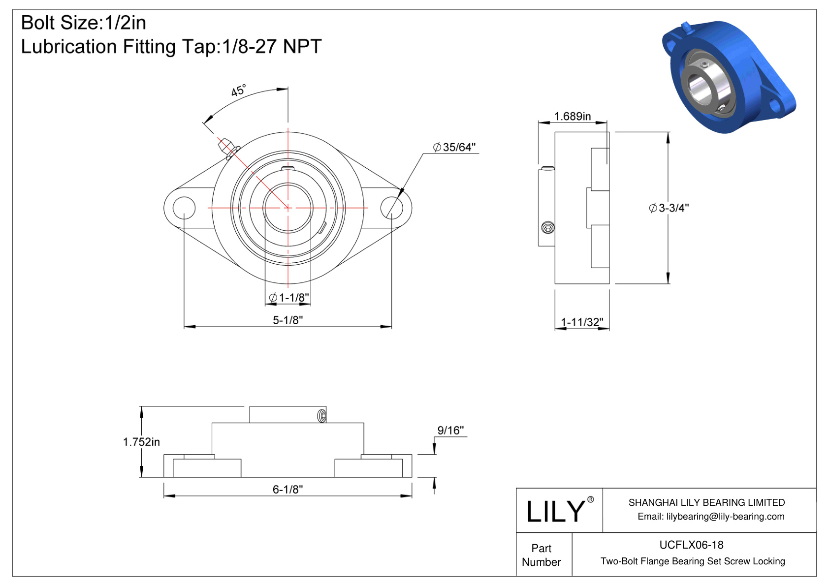 UCFLX06-18 Two-Bolt Flange Bearing Set Screw Locking cad drawing