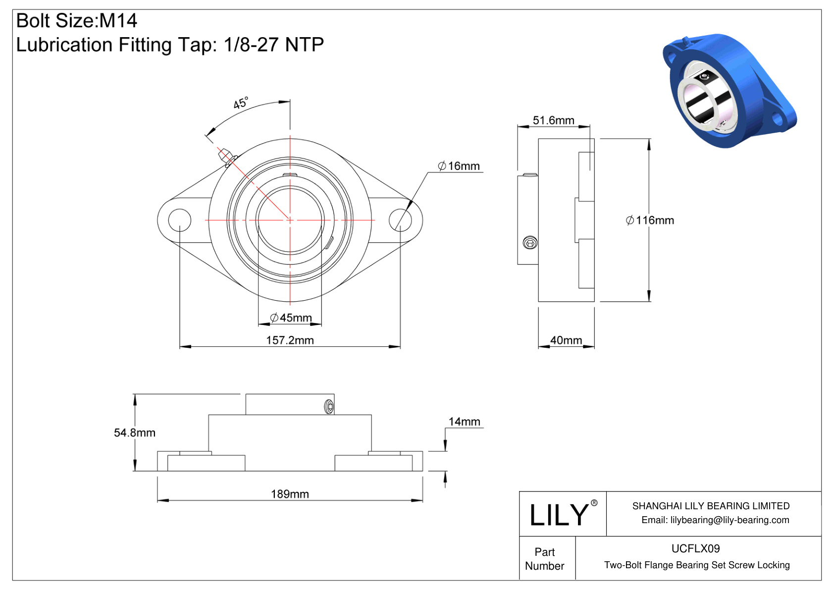 UCFLX09 Tornillo de fijación del cojinete de brida de dos pernos cad drawing