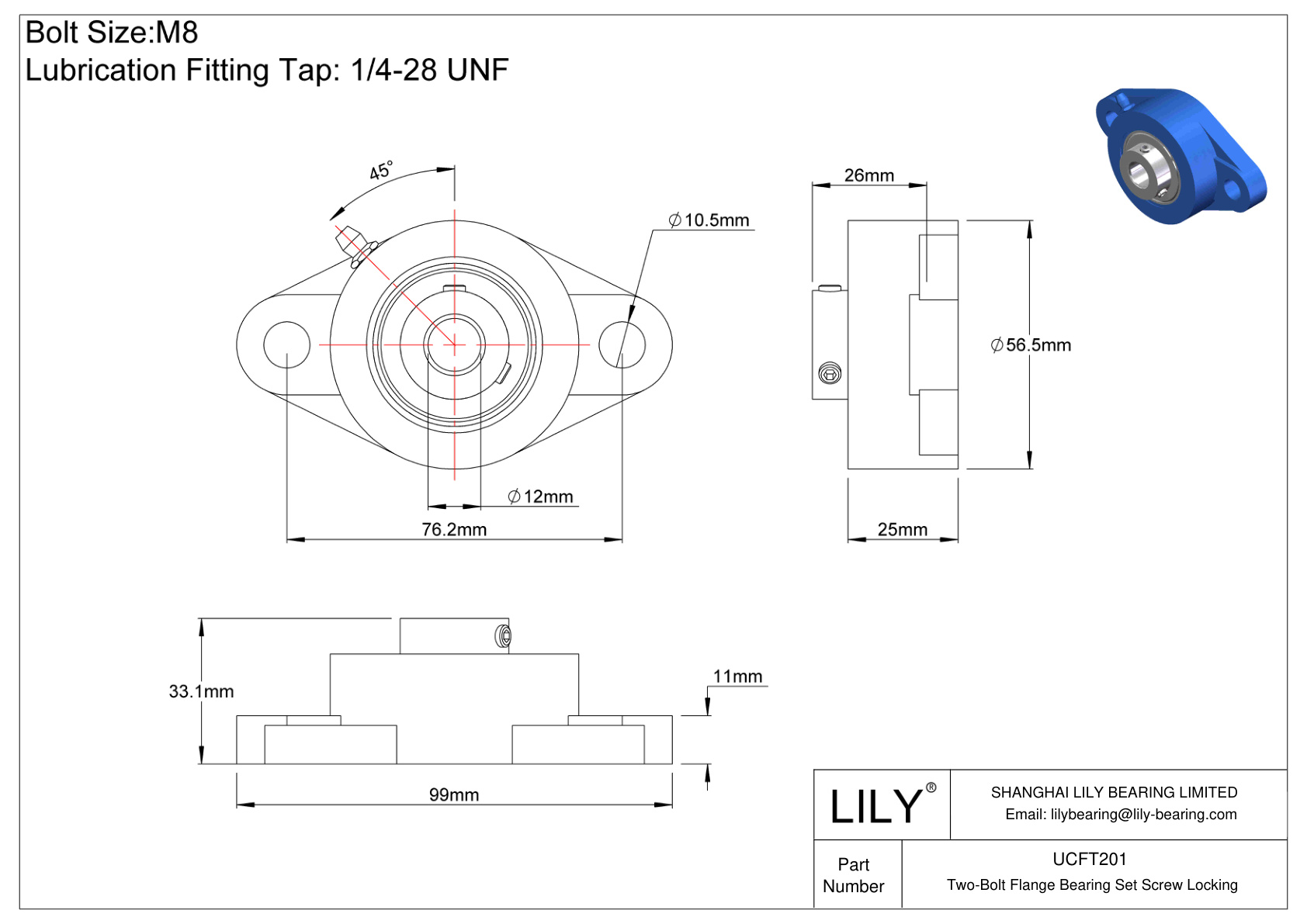 UCFT201 Two-Bolt Flange Bearing Set Screw Locking cad drawing