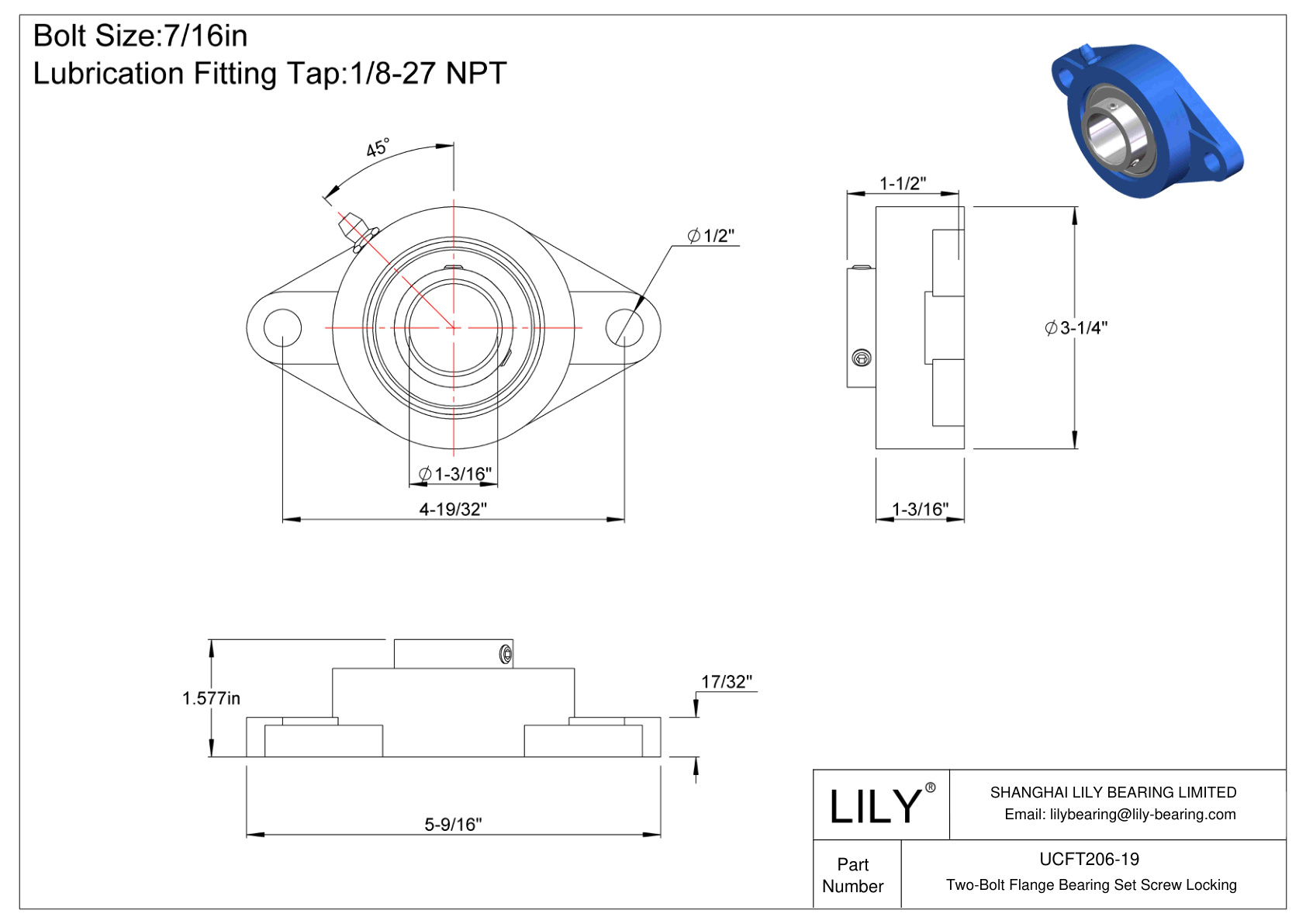 UCFT206-19 双螺栓法兰轴承 固定螺钉锁定 cad drawing