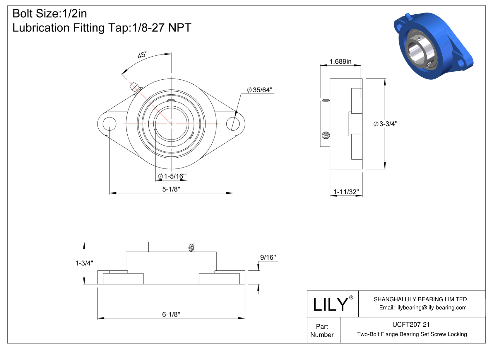 UCFT207-21 Two-Bolt Flange Bearing Set Screw Locking cad drawing