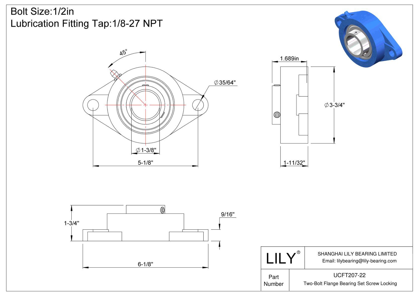 UCFT207-22 Two-Bolt Flange Bearing Set Screw Locking cad drawing