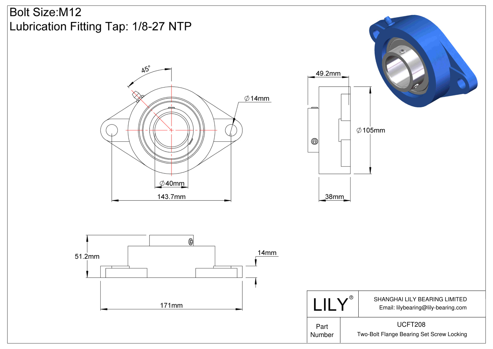 UCFT208 Tornillo de fijación del cojinete de brida de dos pernos cad drawing