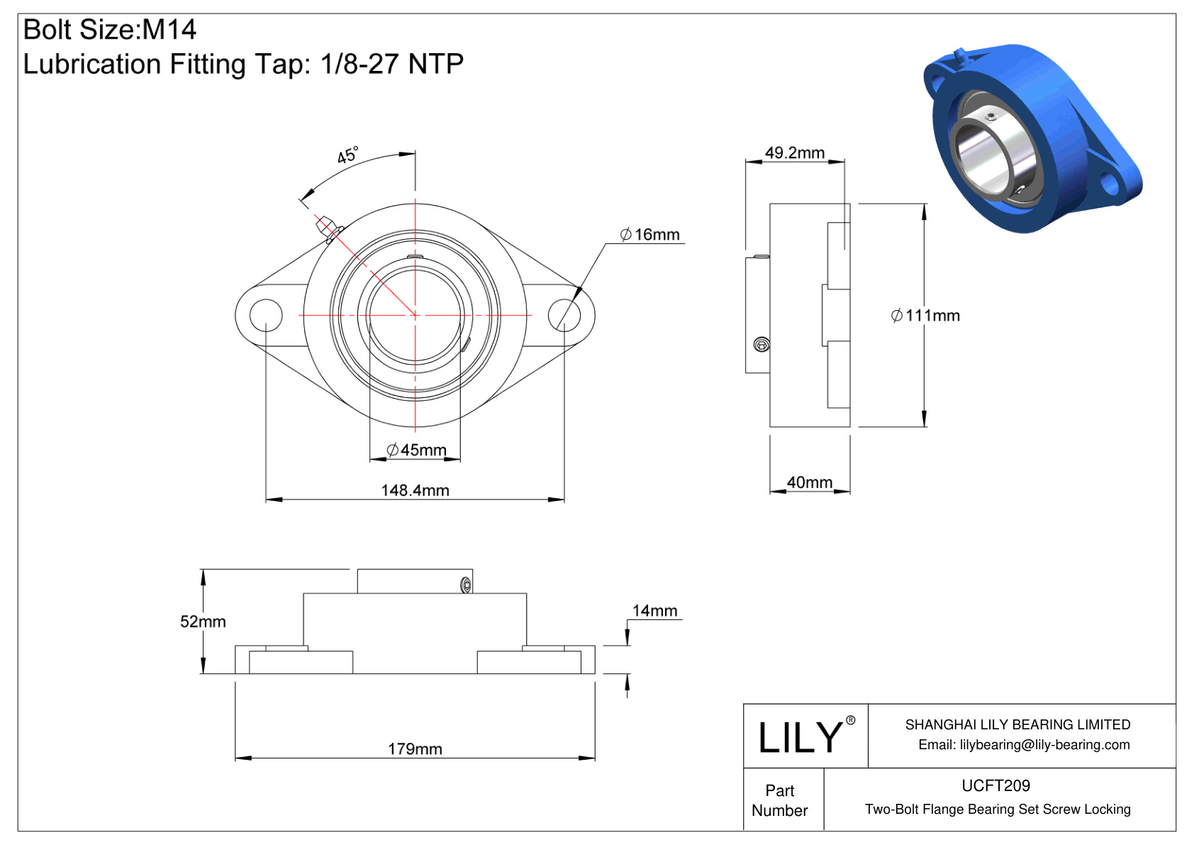 UCFT209 Two-Bolt Flange Bearing Set Screw Locking cad drawing