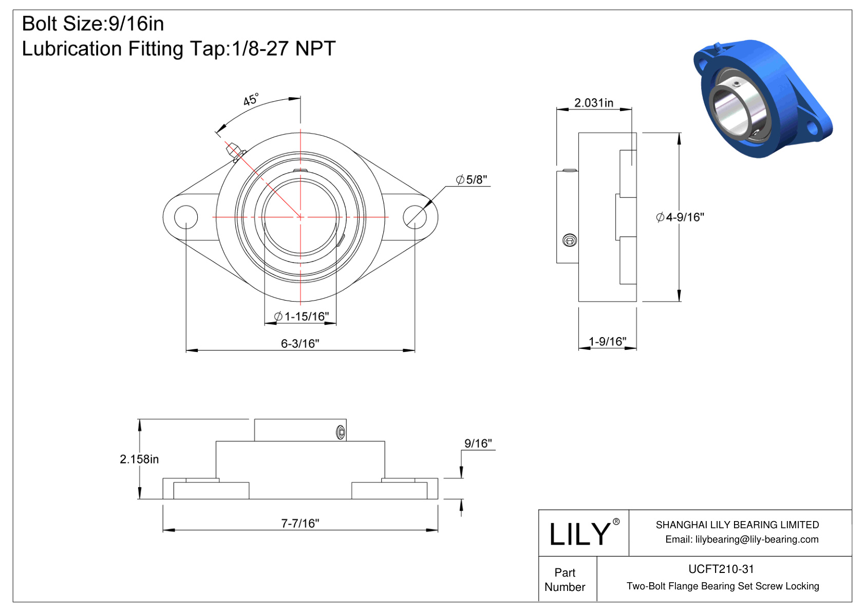 UCFT210-31 Tornillo de fijación del cojinete de brida de dos pernos cad drawing