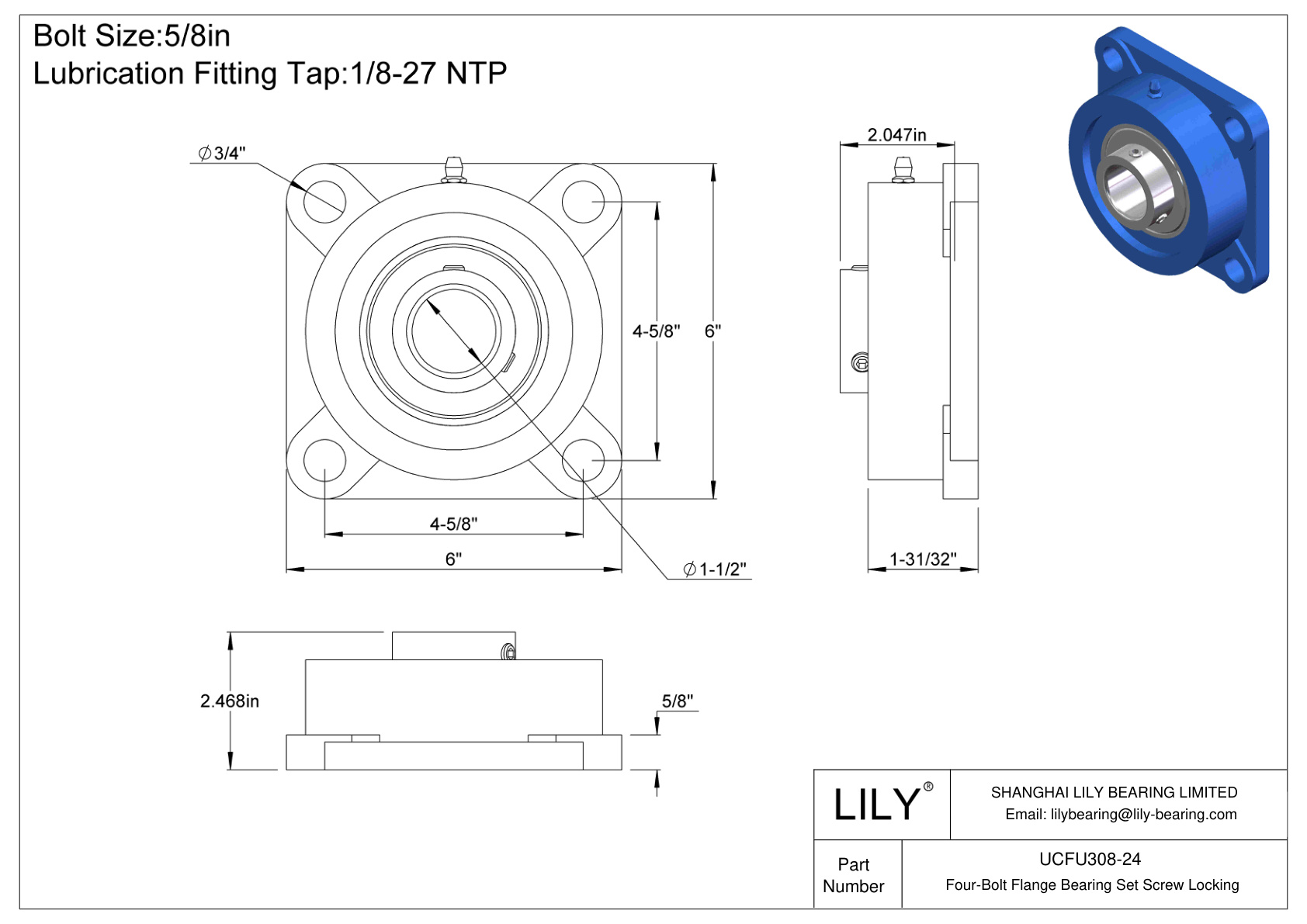 UCFU308-24 Tornillo de fijación del cojinete de brida de cuatro pernos cad drawing