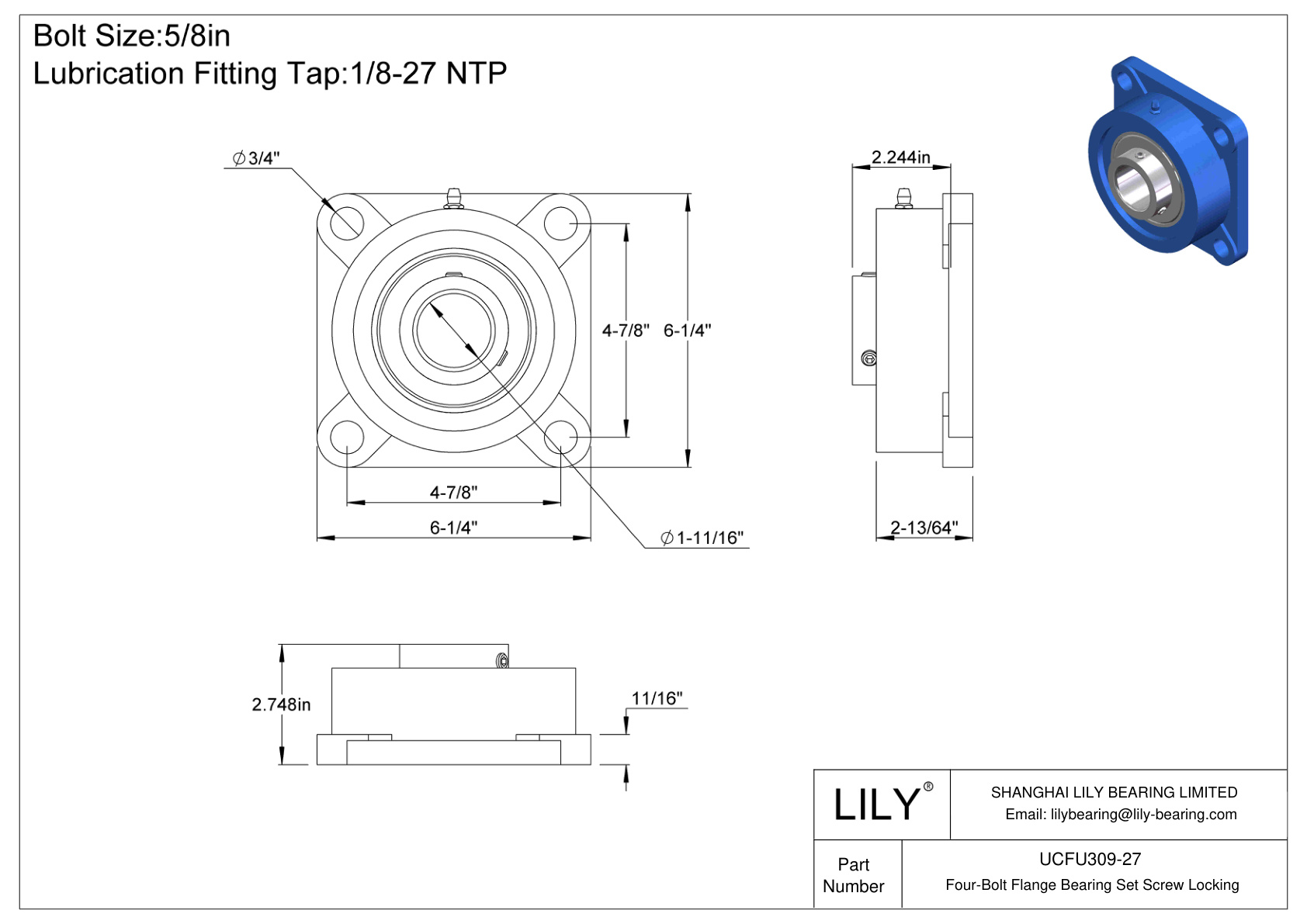 UCFU309-27 Four-Bolt Flange Bearing Set Screw Locking cad drawing