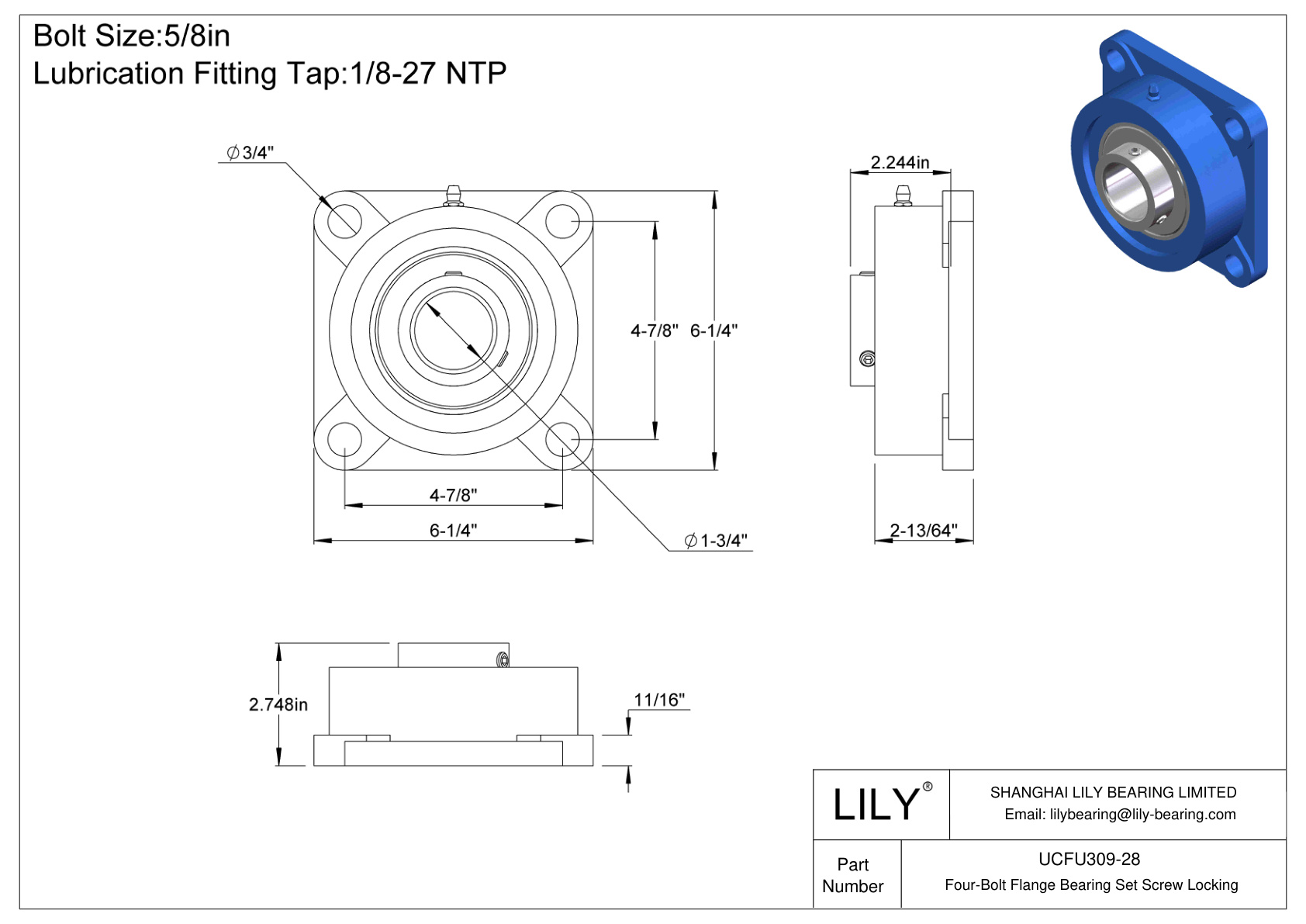 UCFU309-28 Four-Bolt Flange Bearing Set Screw Locking cad drawing