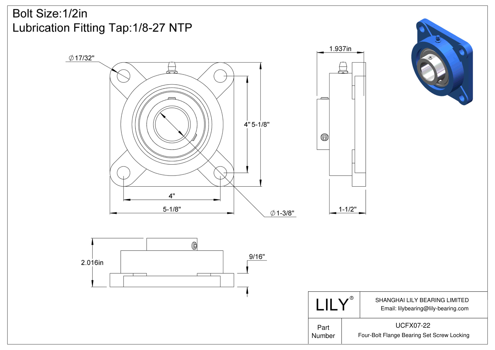 UCFX07-22 Four-Bolt Flange Bearing Set Screw Locking cad drawing