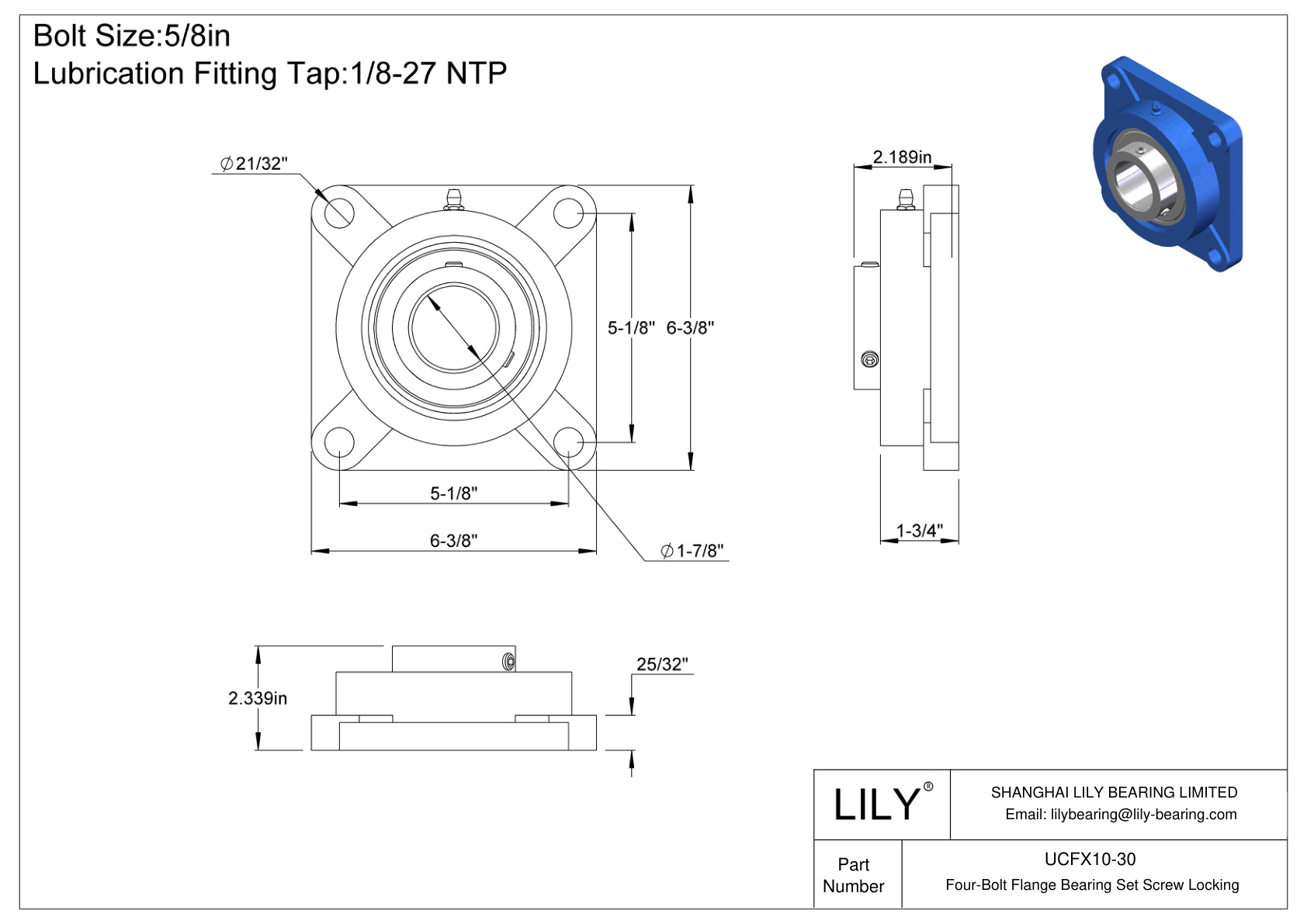 UCFX10-30 Four-Bolt Flange Bearing Set Screw Locking cad drawing