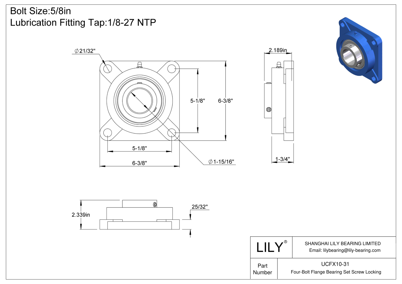 UCFX10-31 Four-Bolt Flange Bearing Set Screw Locking cad drawing