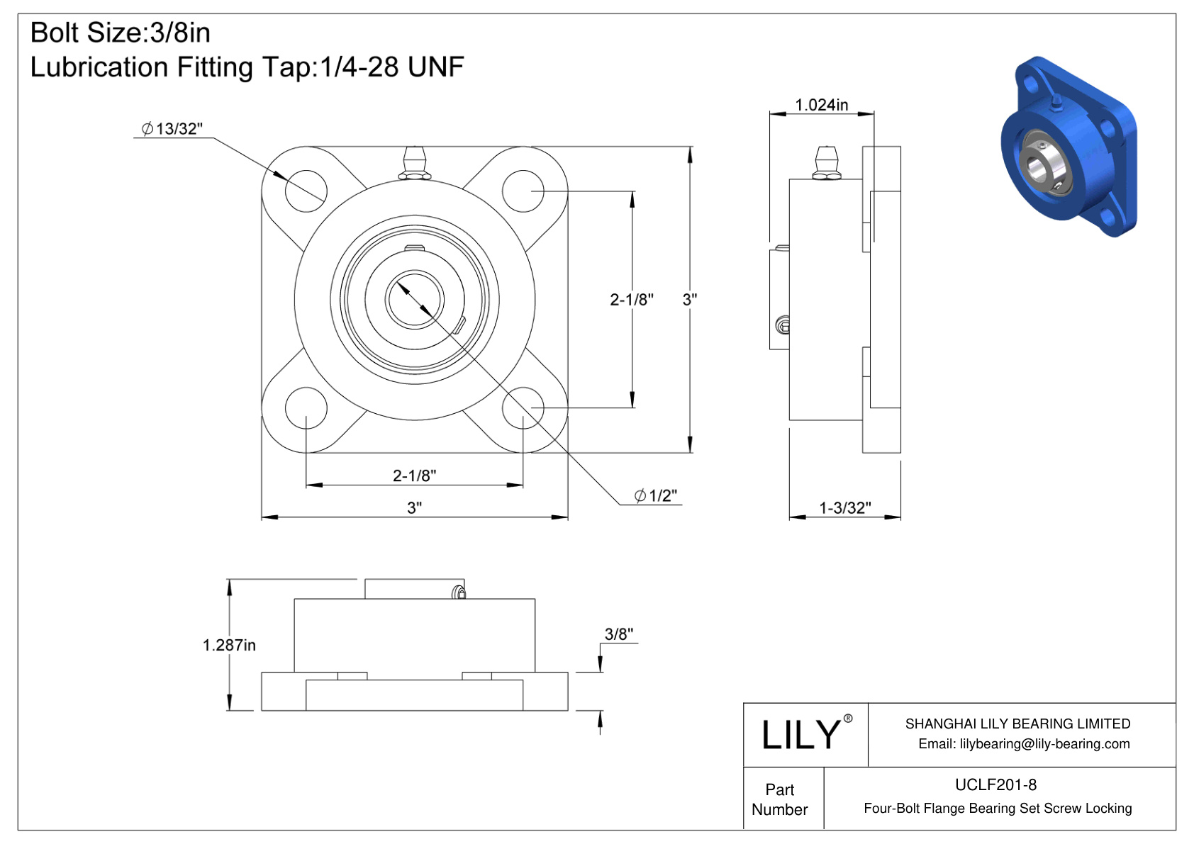 UCLF201-8 Four-Bolt Flange Bearing Set Screw Locking cad drawing