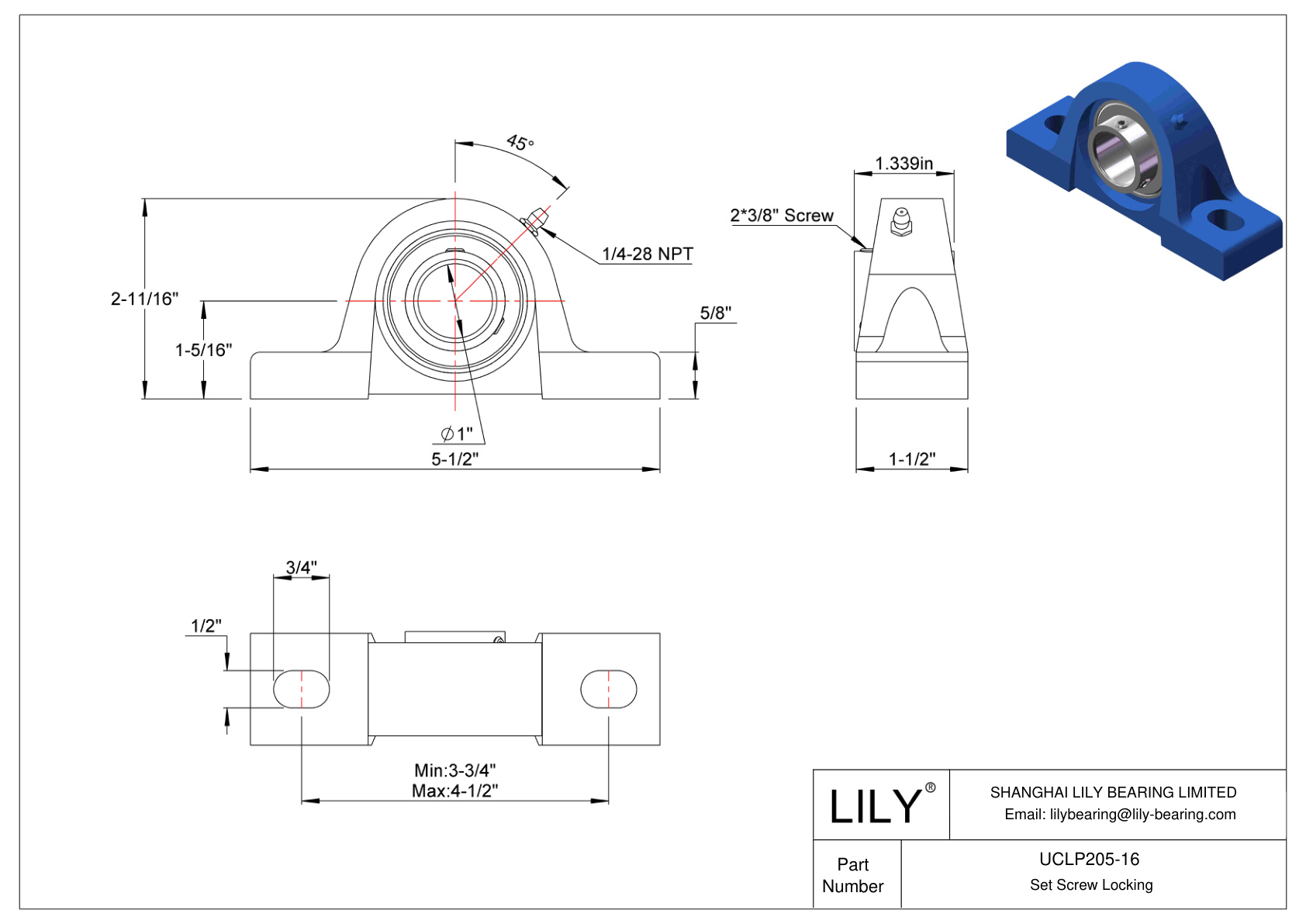 UCLP205-16 Pillow Block Bearing Set Screw Locking cad drawing