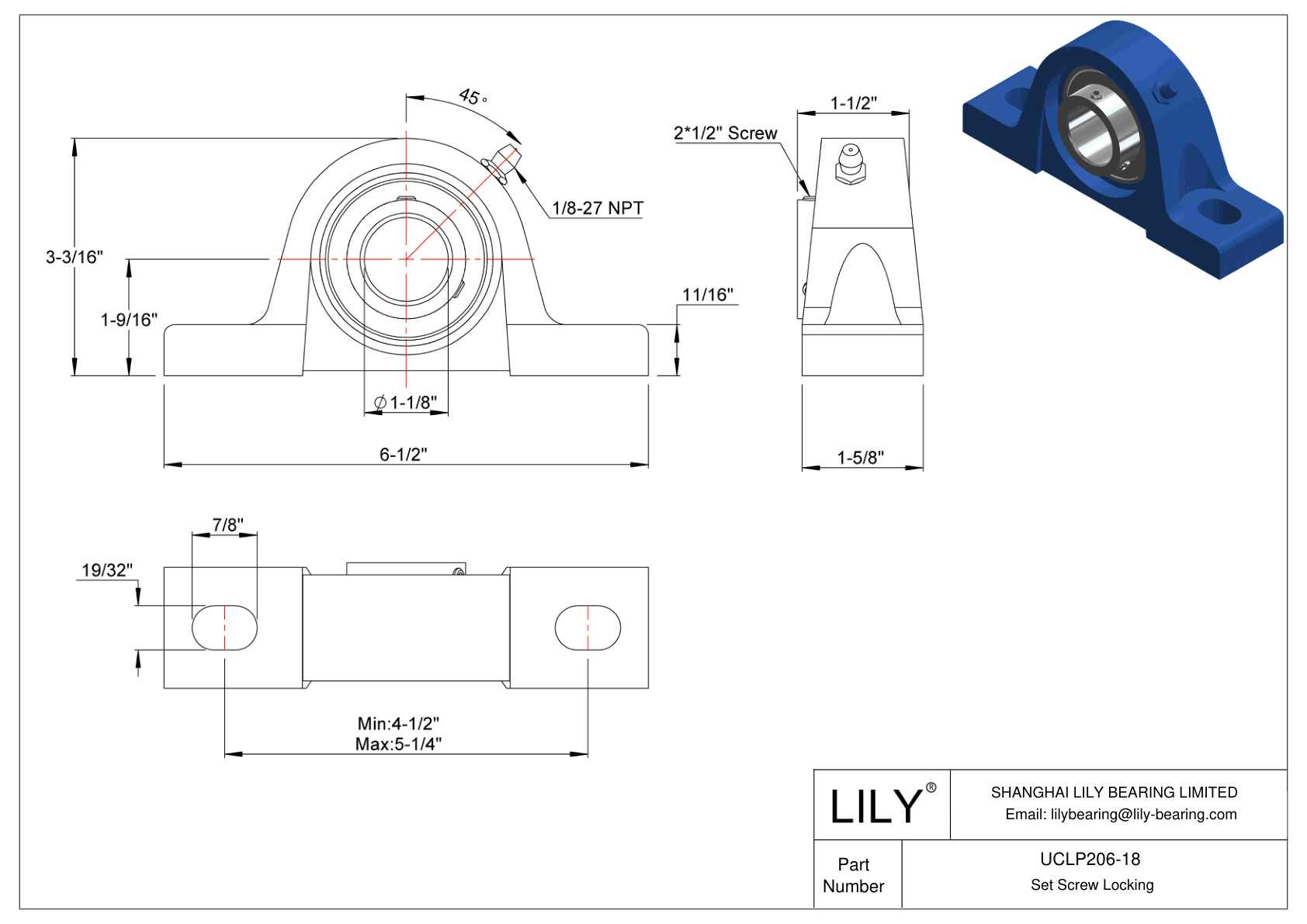 UCLP206-18 Pillow Block Bearing Set Screw Locking cad drawing