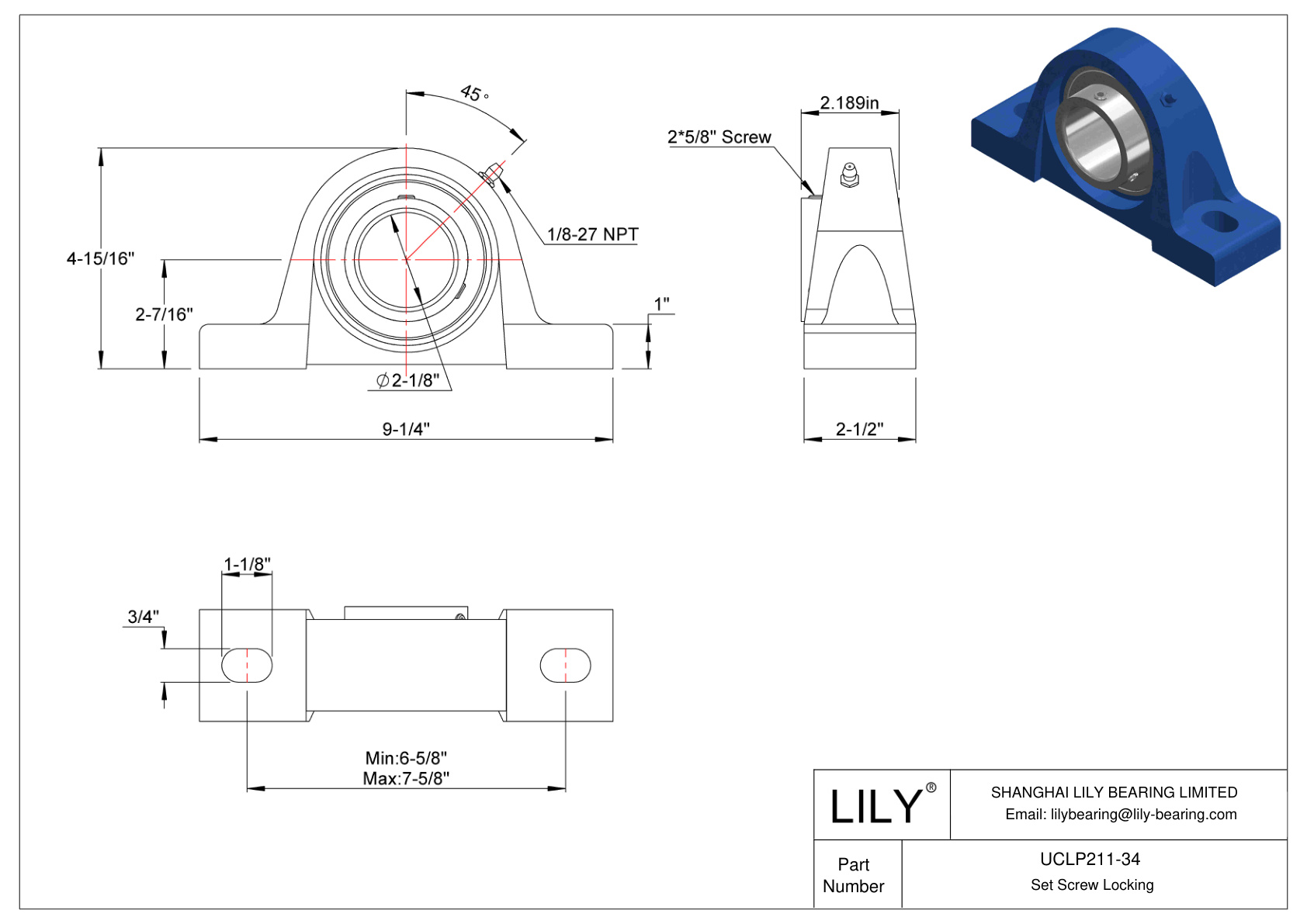 UCLP211-34 Tornillo de fijación de rodamientos Pillow Block cad drawing