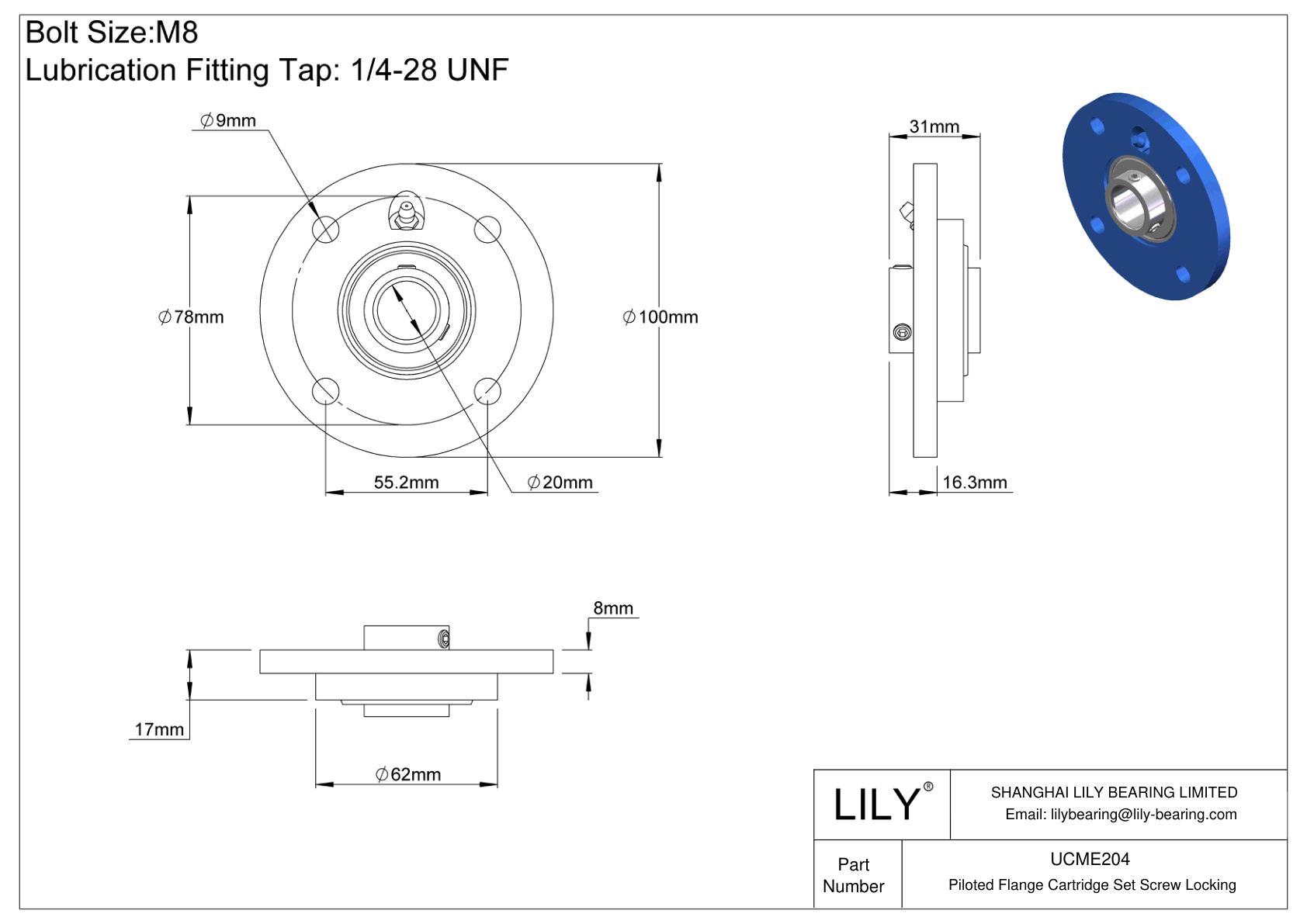 UCME204 Piloted Flange Cartridge Set Screw Locking cad drawing