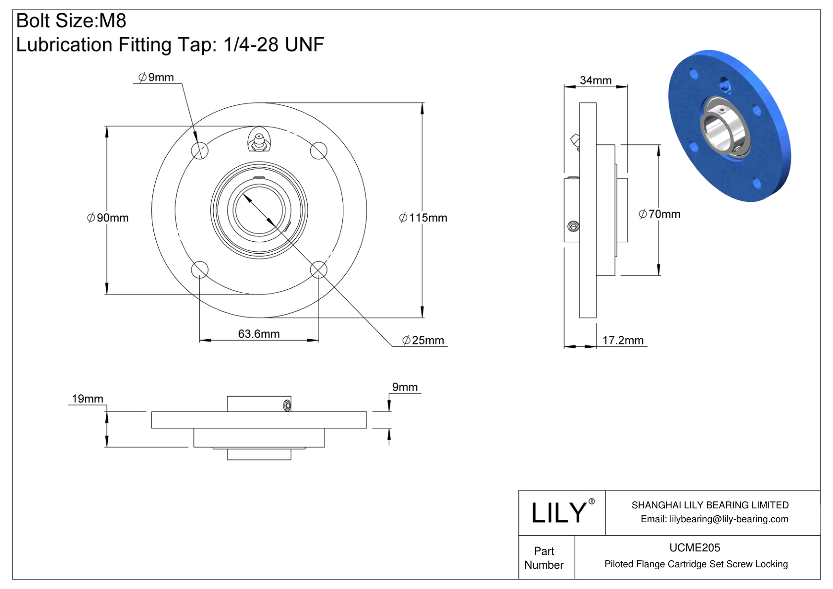 UCME205 Cartucho con brida pilotada Tornillo prisionero Bloqueo cad drawing