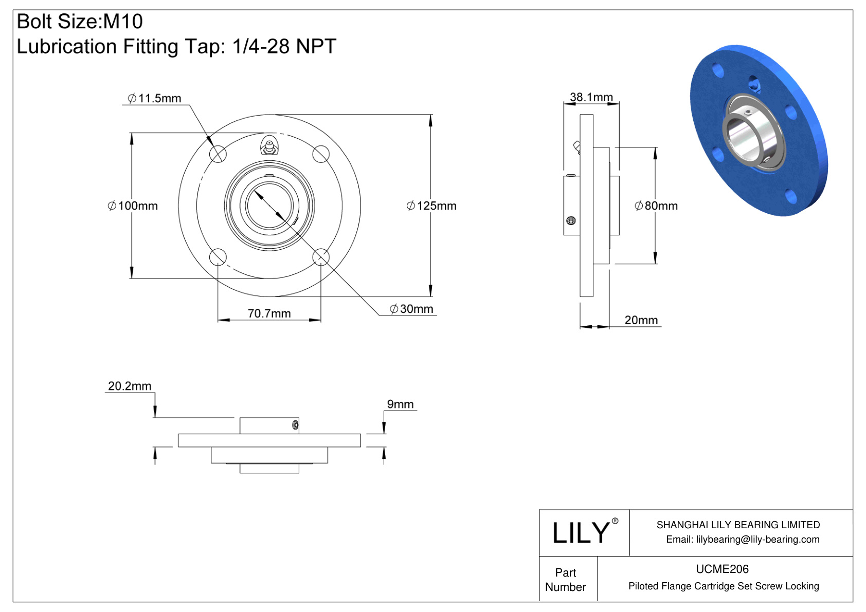 UCME206 Piloted Flange Cartridge Set Screw Locking cad drawing