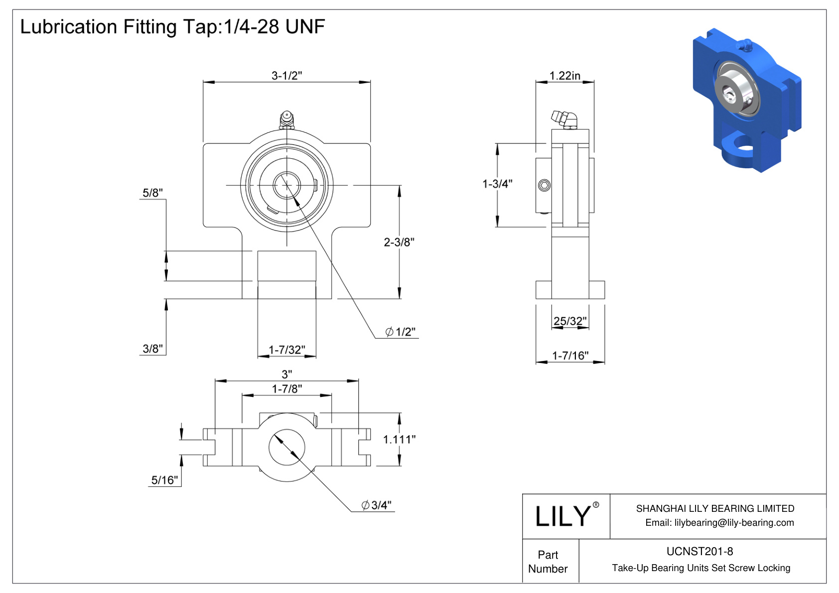 UCNST201-8 Take-Up Bearing Units Set Screw Locking cad drawing