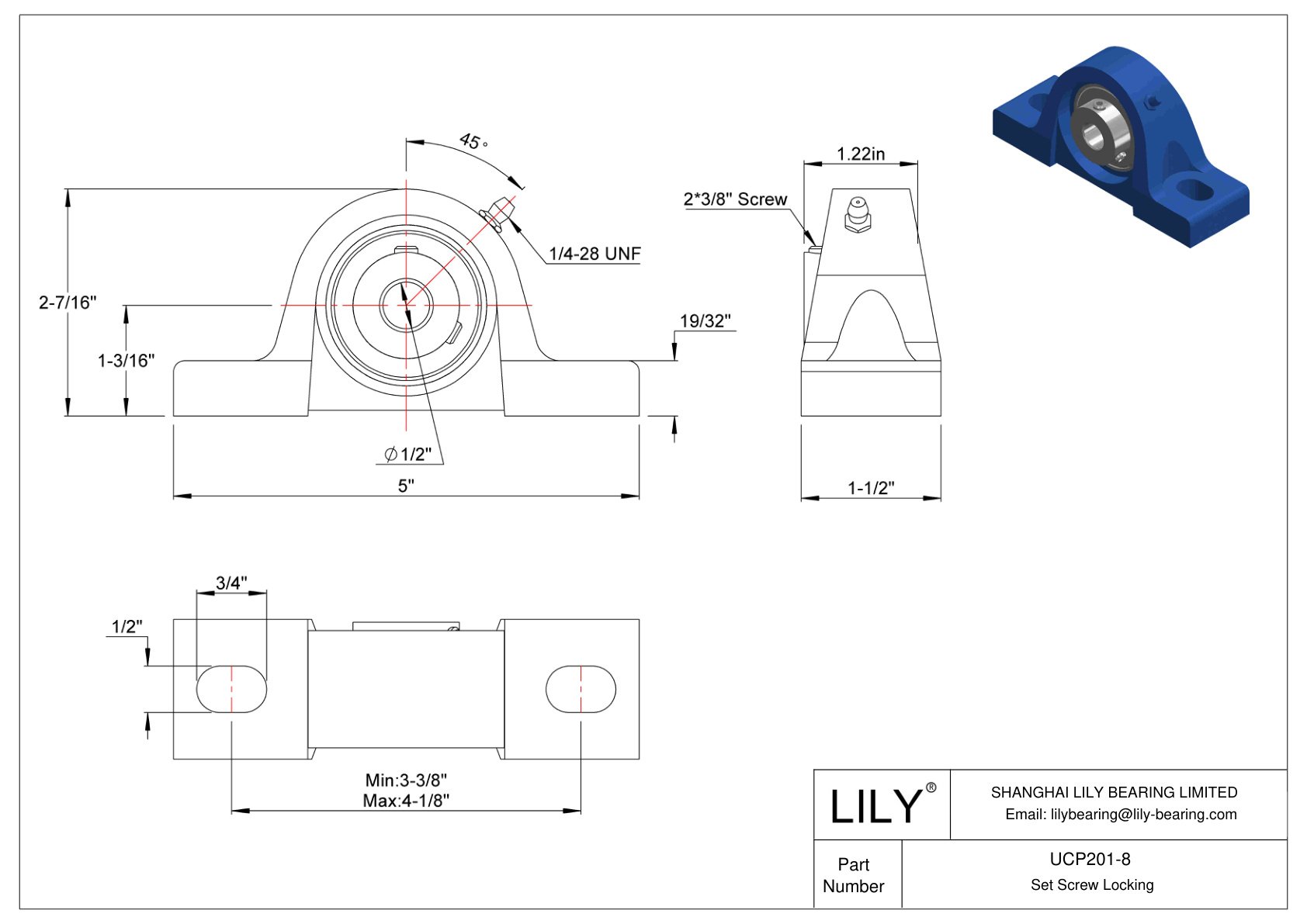 UCP201-8 Pillow Block Bearing Set Screw Locking cad drawing