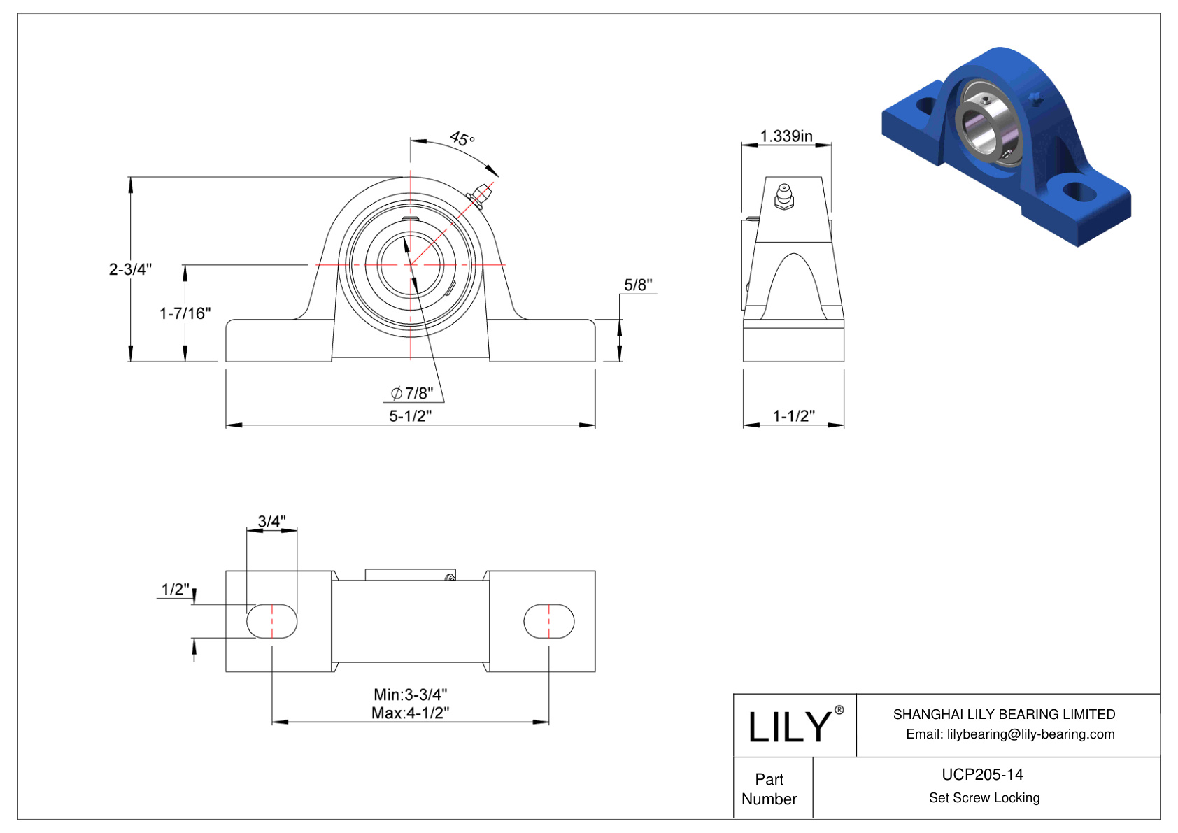 UCP205-14 滑动轴承固定螺钉锁定 cad drawing