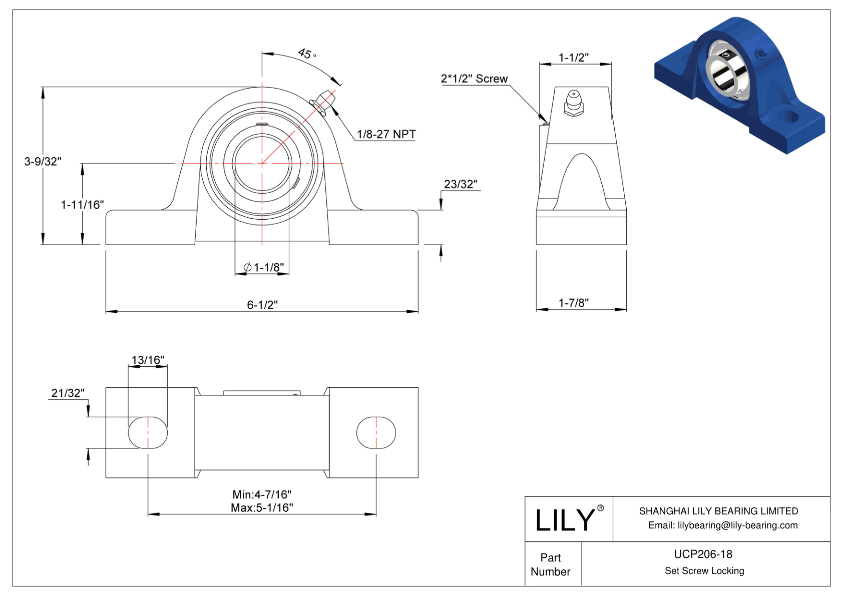 UCP206-18 Tornillo de fijación de rodamientos Pillow Block cad drawing