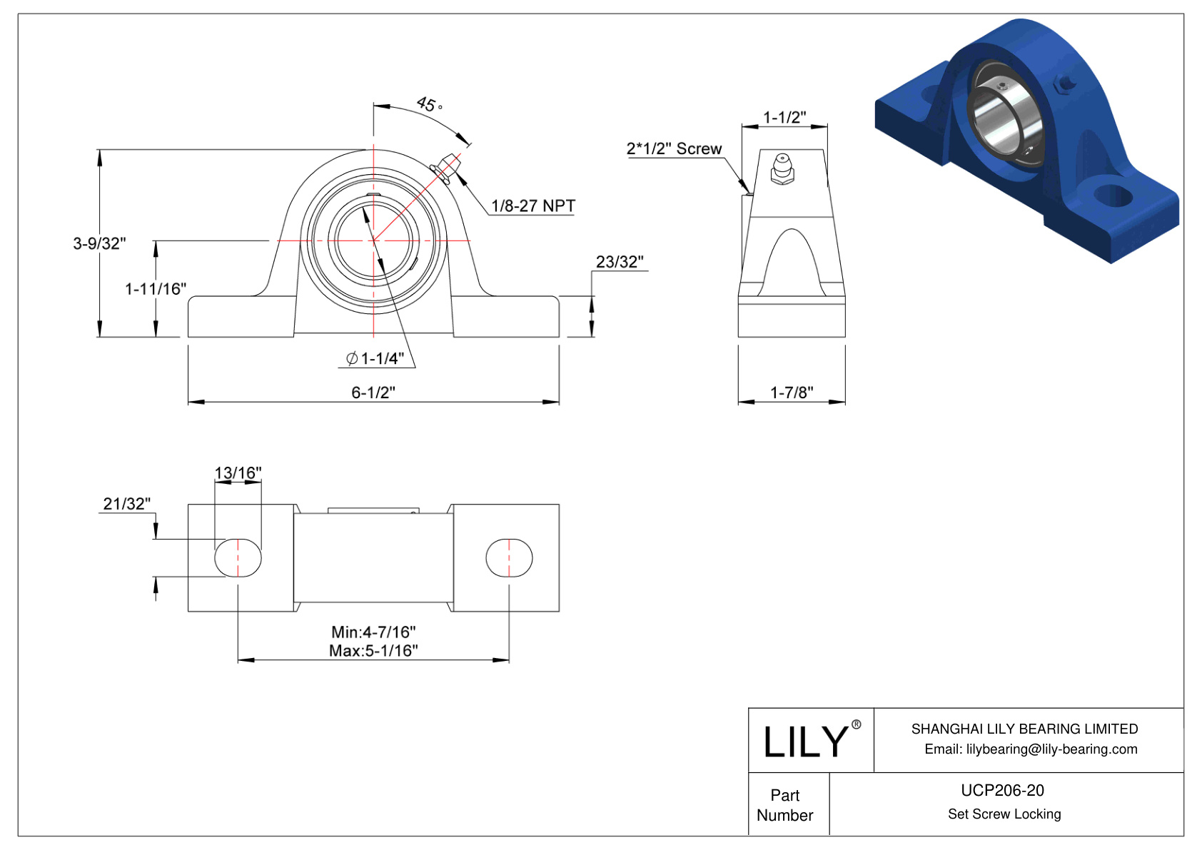 UCP206-20 Pillow Block Bearing Set Screw Locking cad drawing