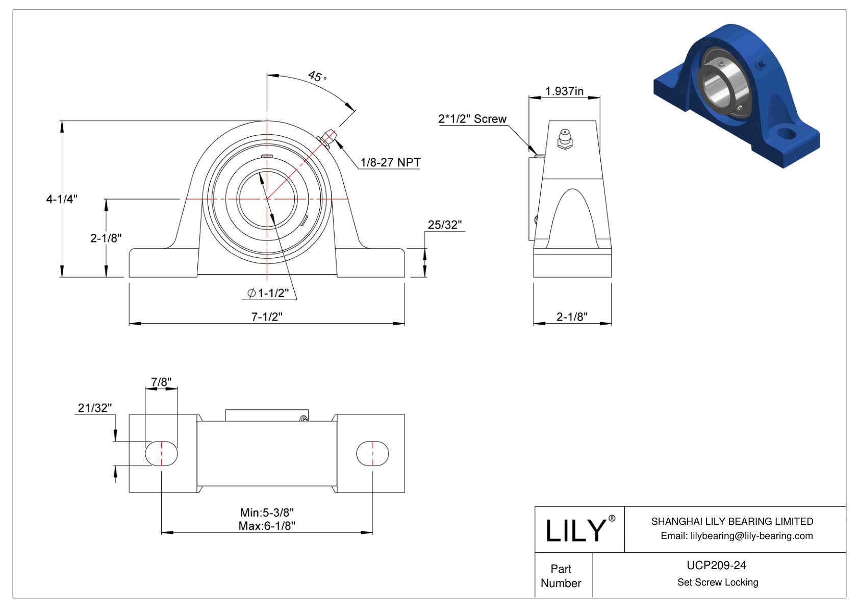 UCP209-24 Pillow Block Bearing Set Screw Locking cad drawing