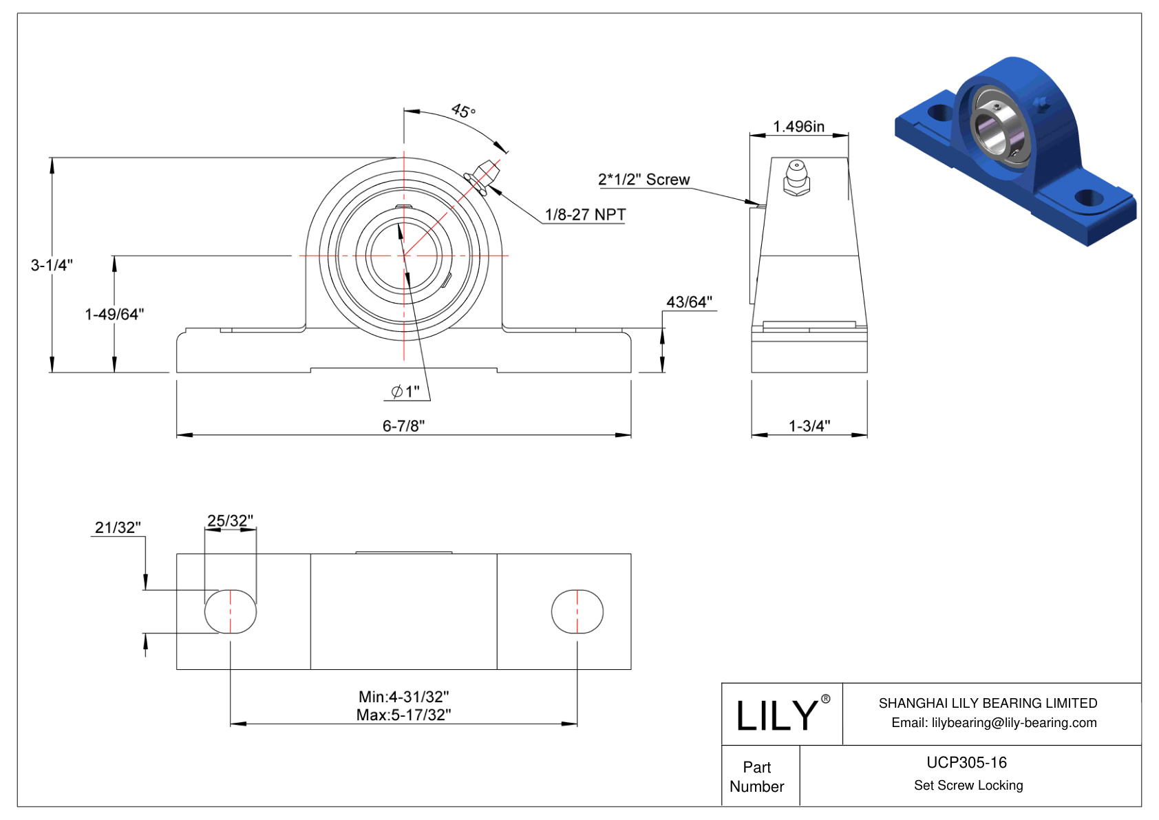 UCP305-16 Pillow Block Bearing Set Screw Locking cad drawing