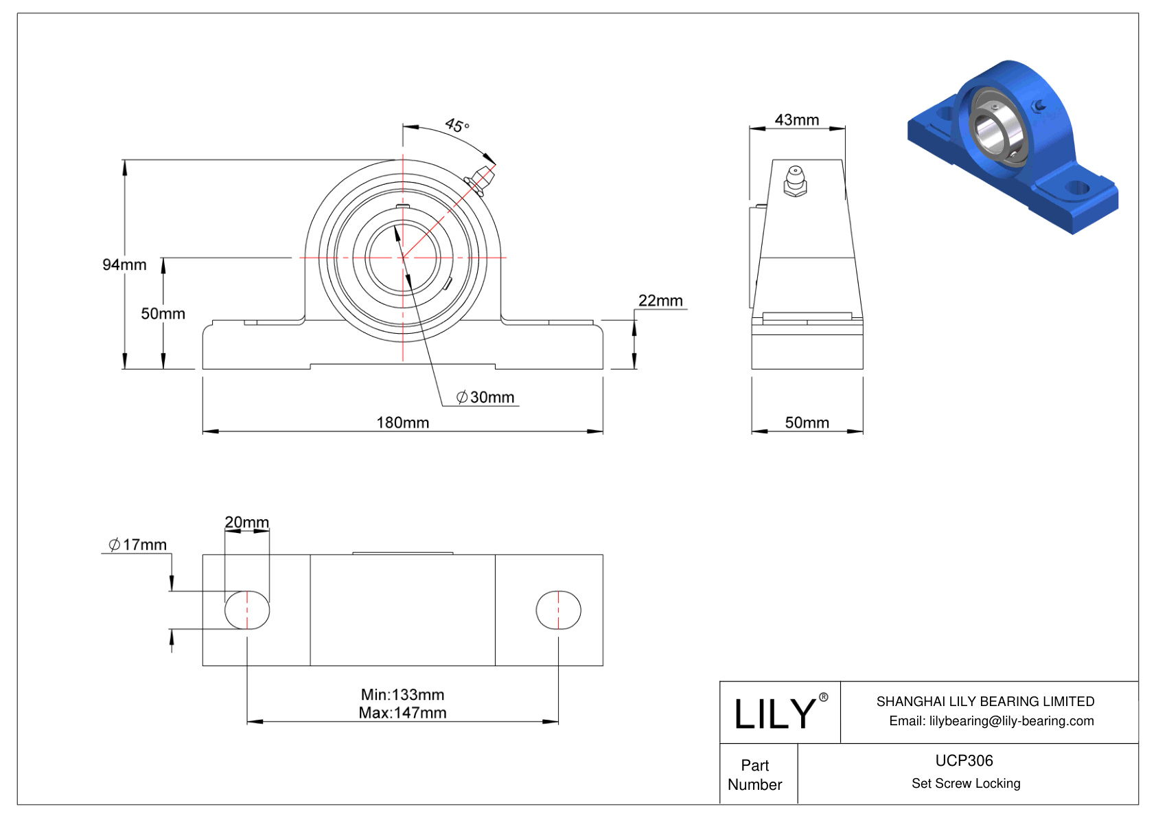 UCP306 Pillow Block Bearing Set Screw Locking cad drawing