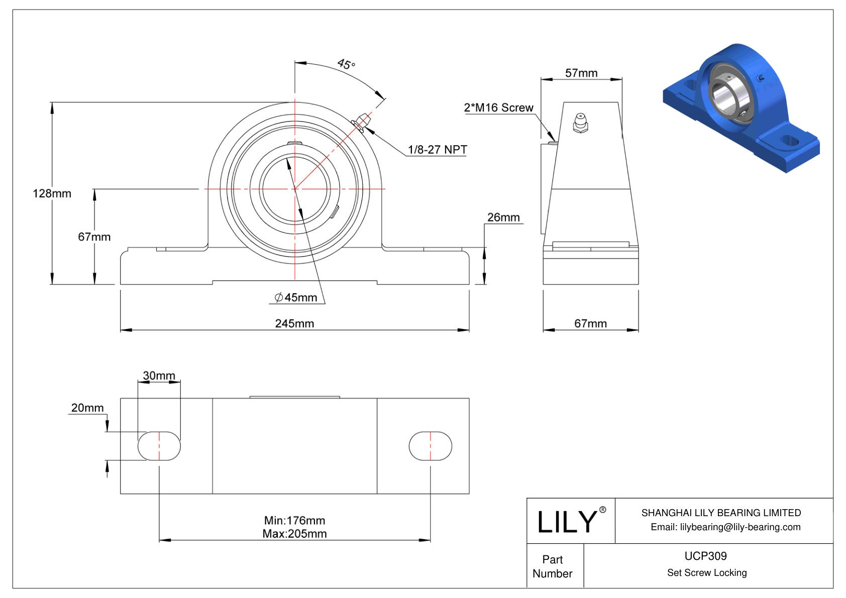 UCP309 Tornillo de fijación de rodamientos Pillow Block cad drawing