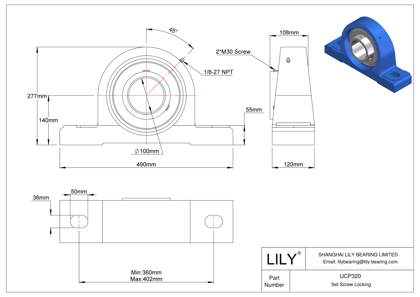 UCP320 Pillow Block Bearing Set Screw Locking cad drawing