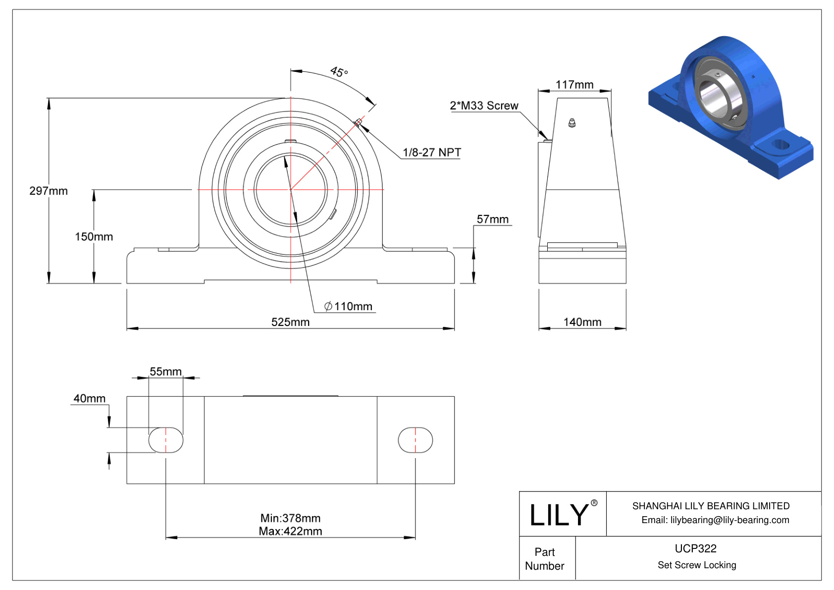 UCP322 Pillow Block Bearing Set Screw Locking cad drawing