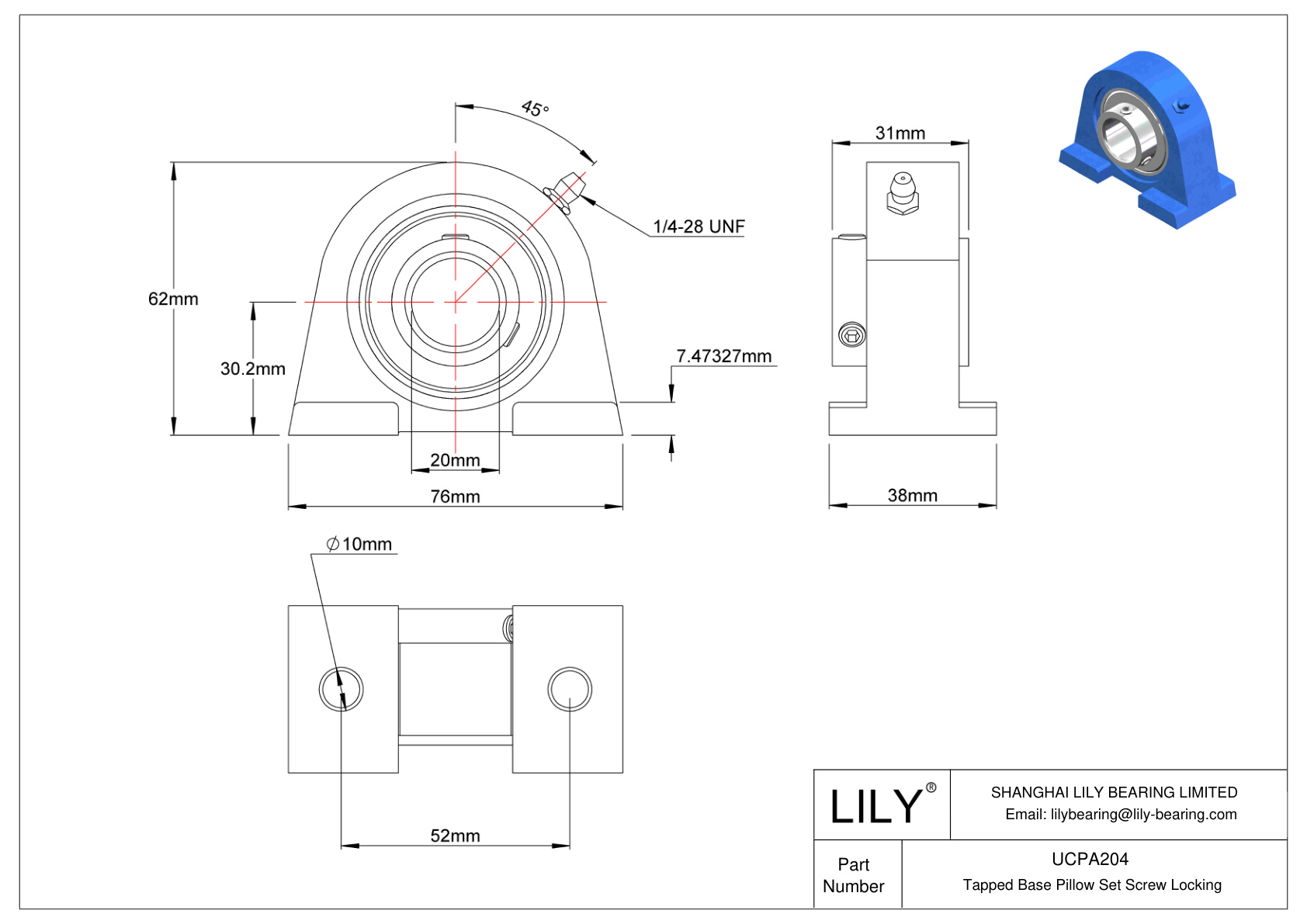 UCPA204 Tapped Base Pillow Set Screw Locking cad drawing