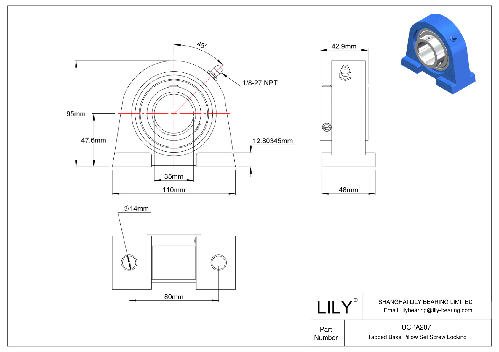 UCPA207 Tapped Base Pillow Set Screw Locking cad drawing