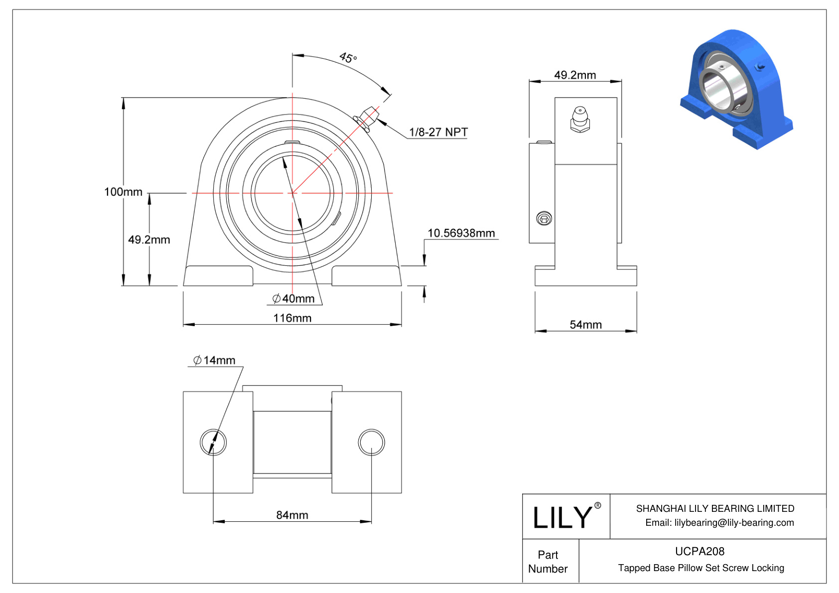 UCPA208 Tapped Base Pillow Set Screw Locking cad drawing