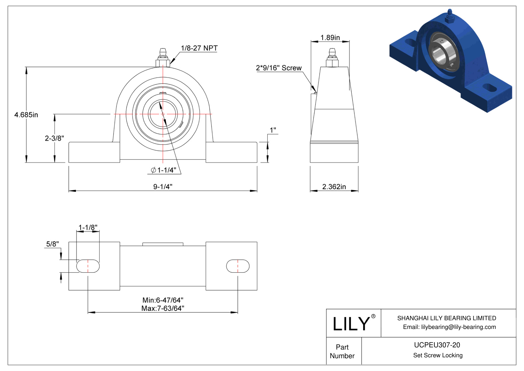 UCPEU307-20 Pillow Block Bearing Set Screw Locking cad drawing