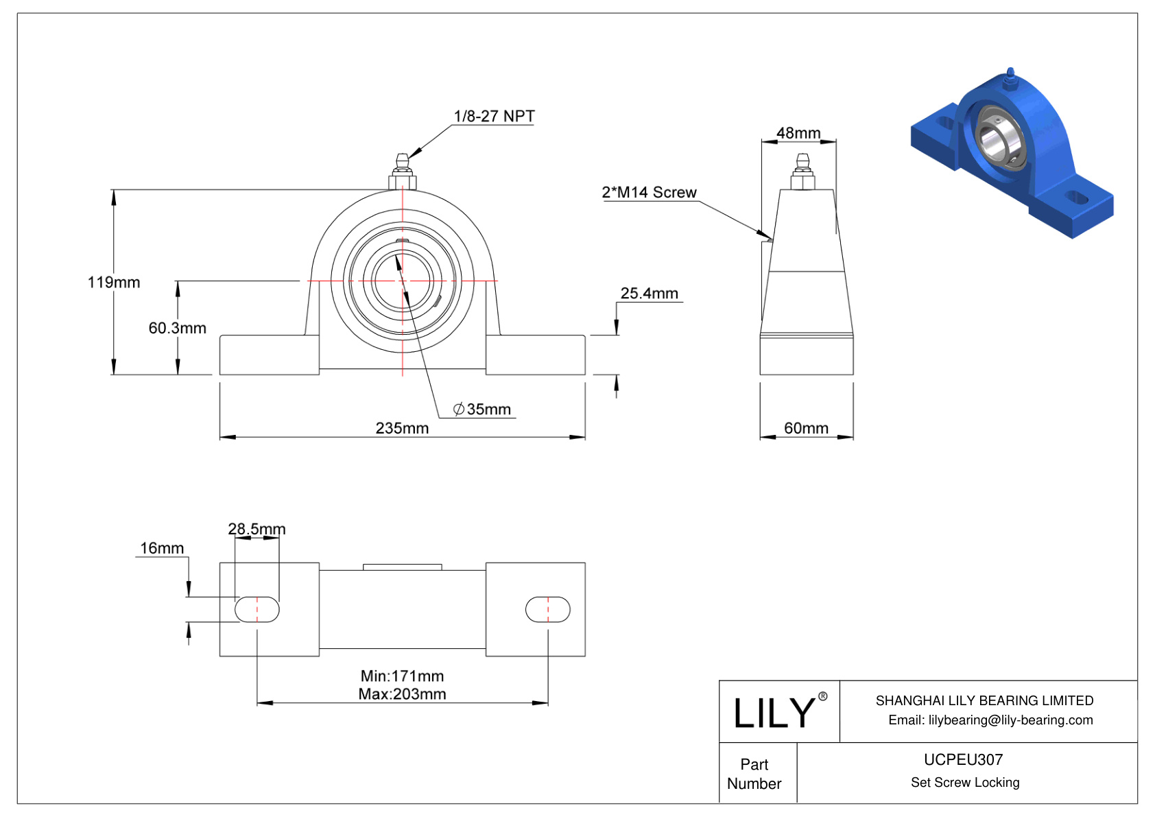 UCPEU307 Tornillo de fijación de rodamientos Pillow Block cad drawing