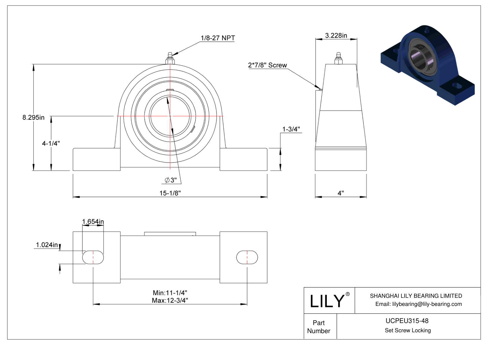 UCPEU315-48 Tornillo de fijación de rodamientos Pillow Block cad drawing