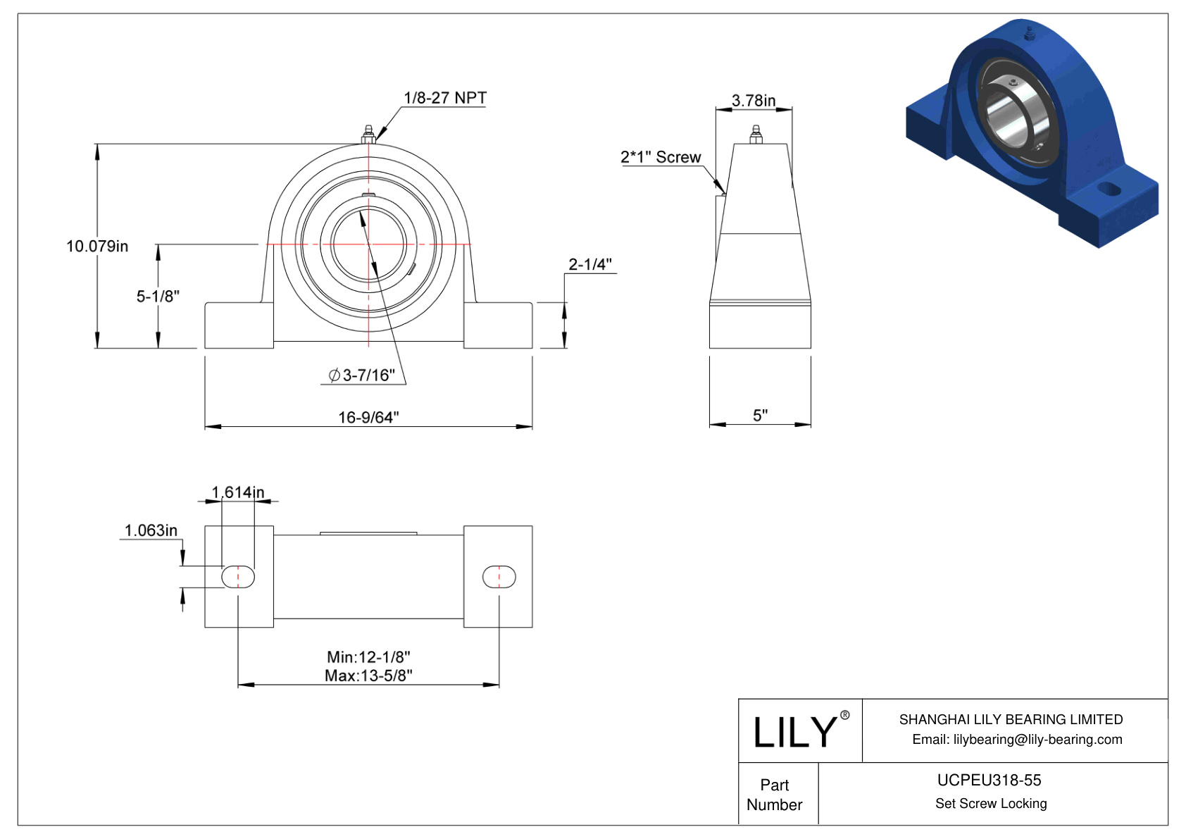 UCPEU318-55 Pillow Block Bearing Set Screw Locking cad drawing